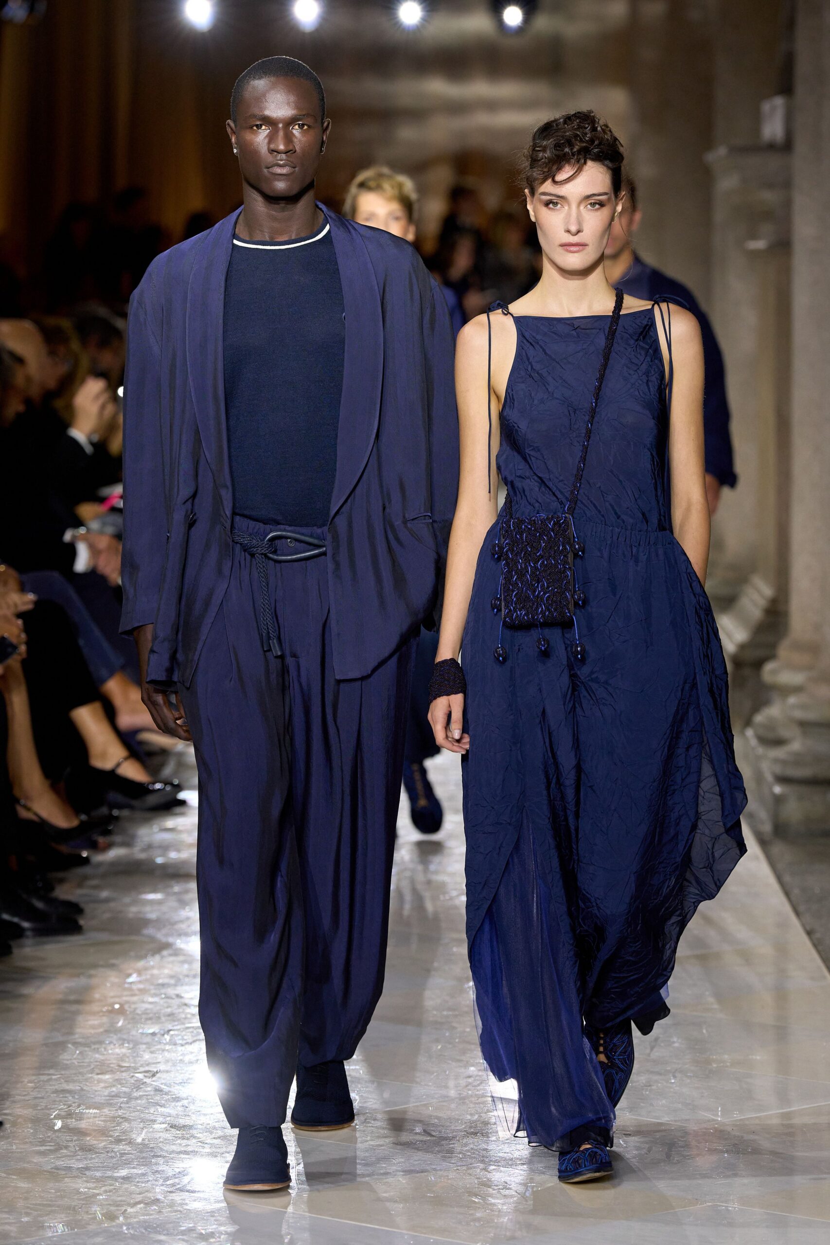 blue relaxed jacket and fitted dress