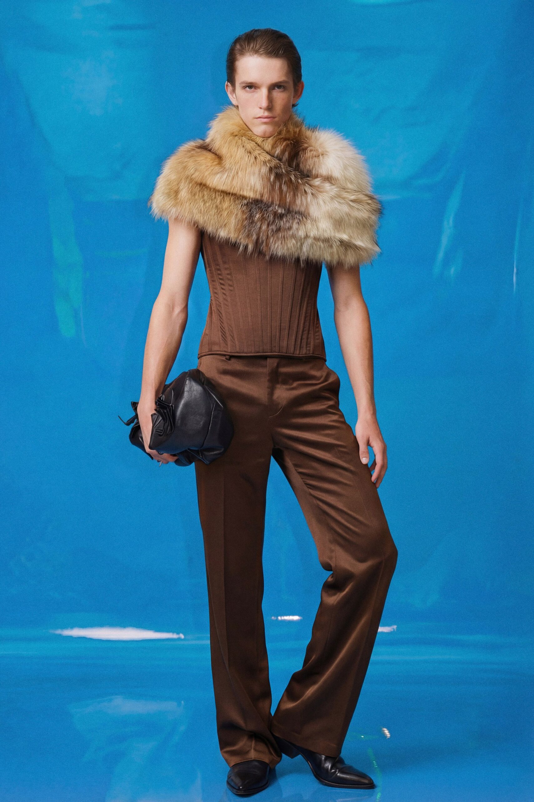 brown silk tailored straight-leg pants