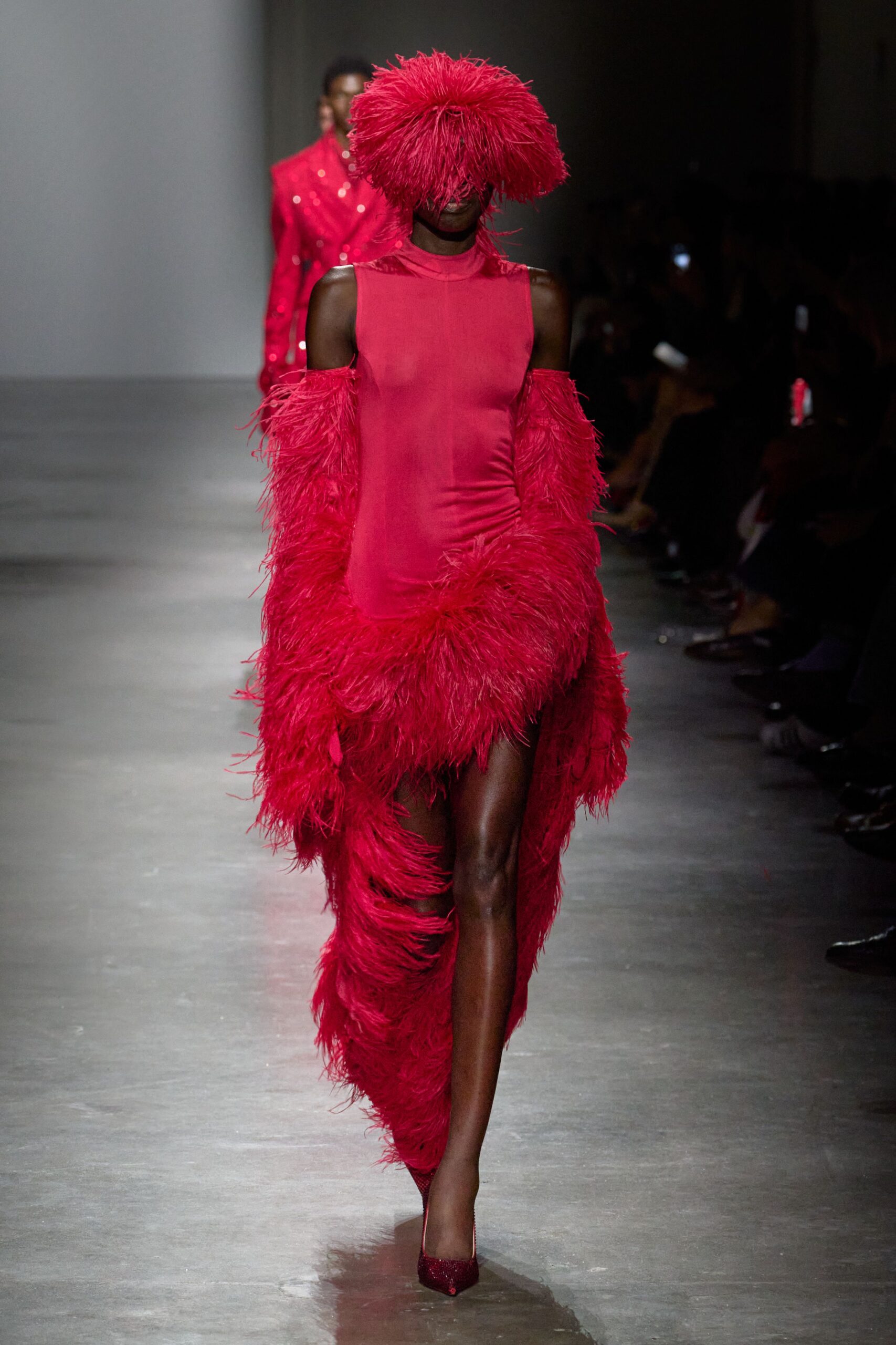 red feather sleeveless off-shoulder fitted fringed maxi dress