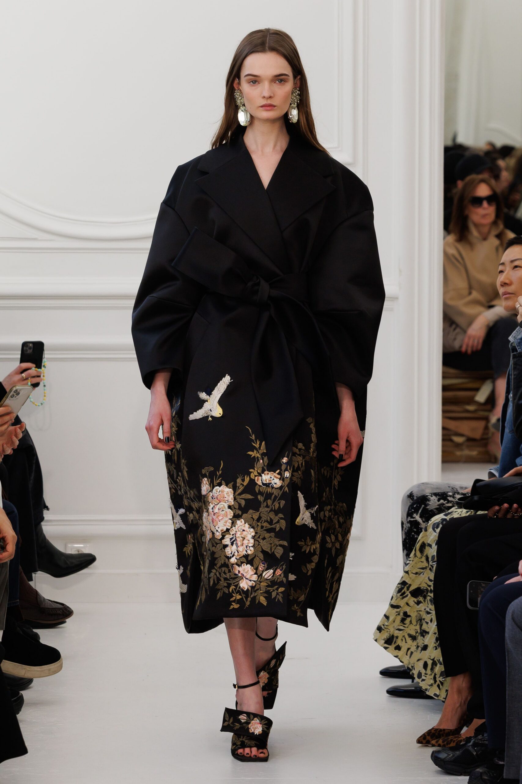 black silk long-sleeve collared oversized belted embroidered coat