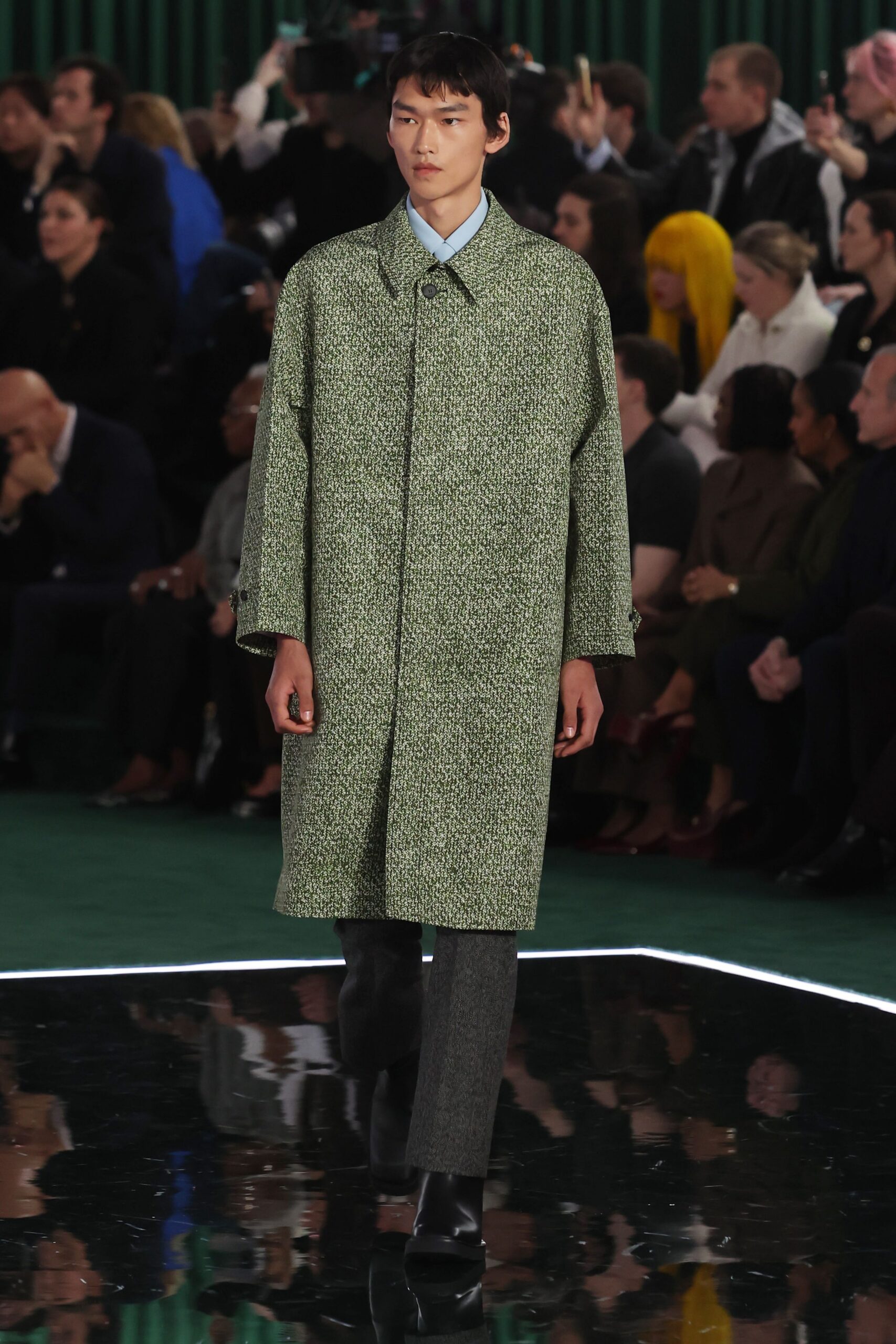 green wool long-sleeve collared relaxed textured coat