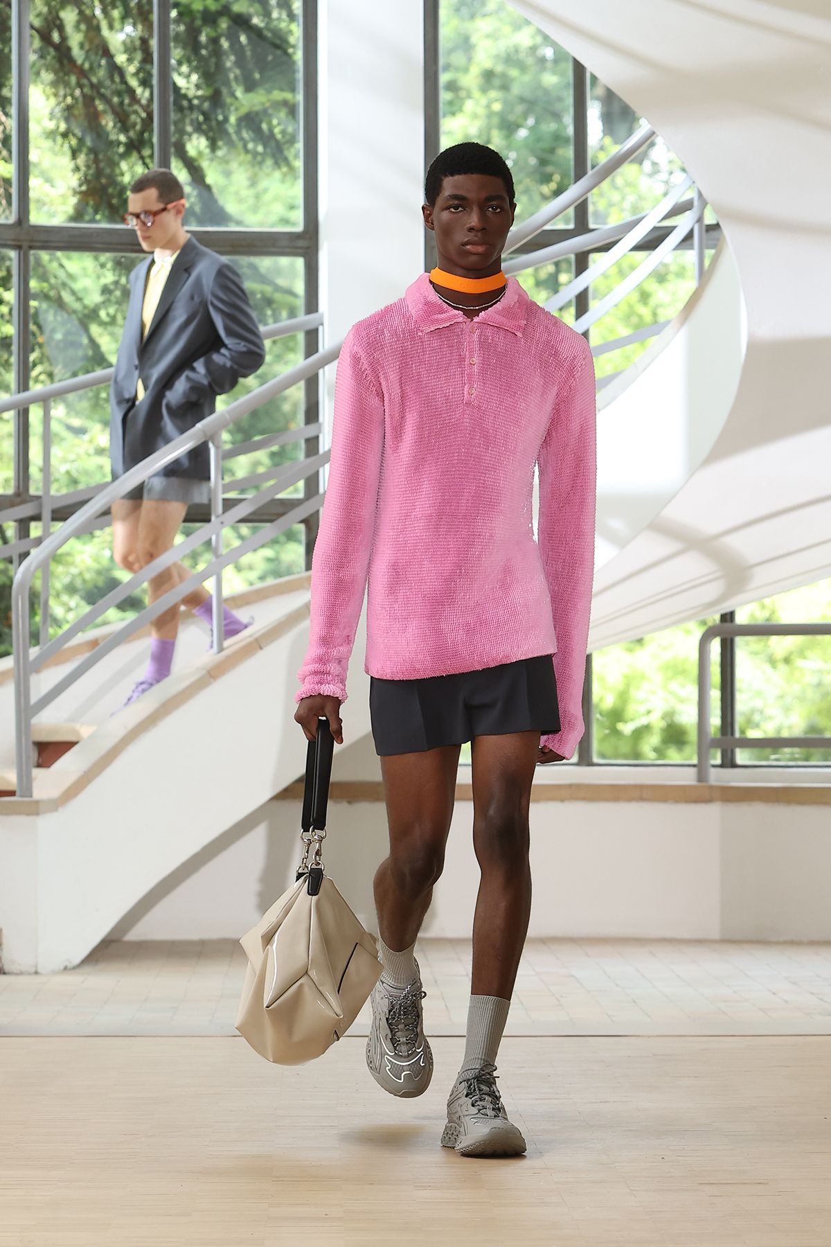 pink faux-fur long-sleeve collared relaxed textured top