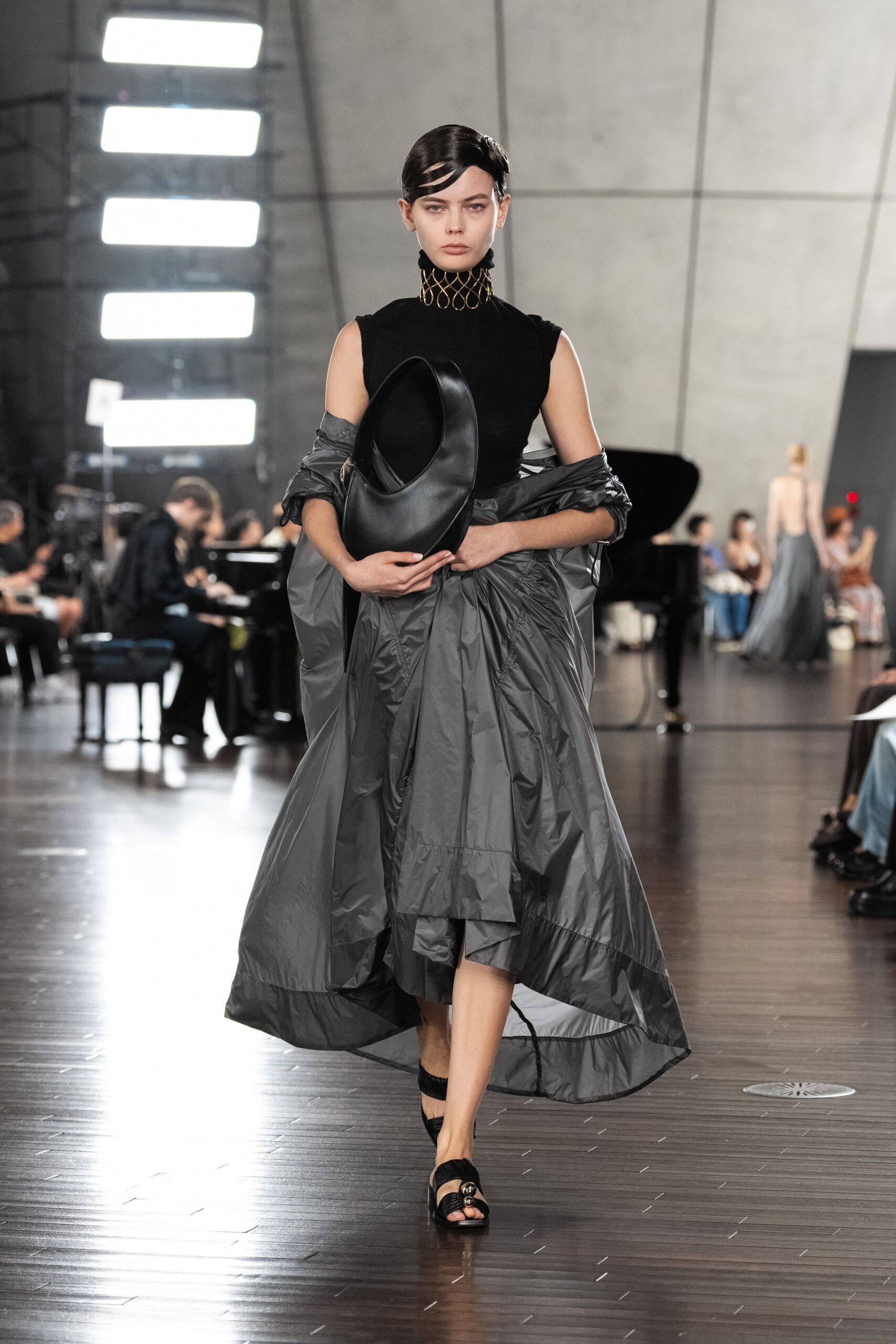 gray silk sleeveless high-neck fitted layered a-line dress