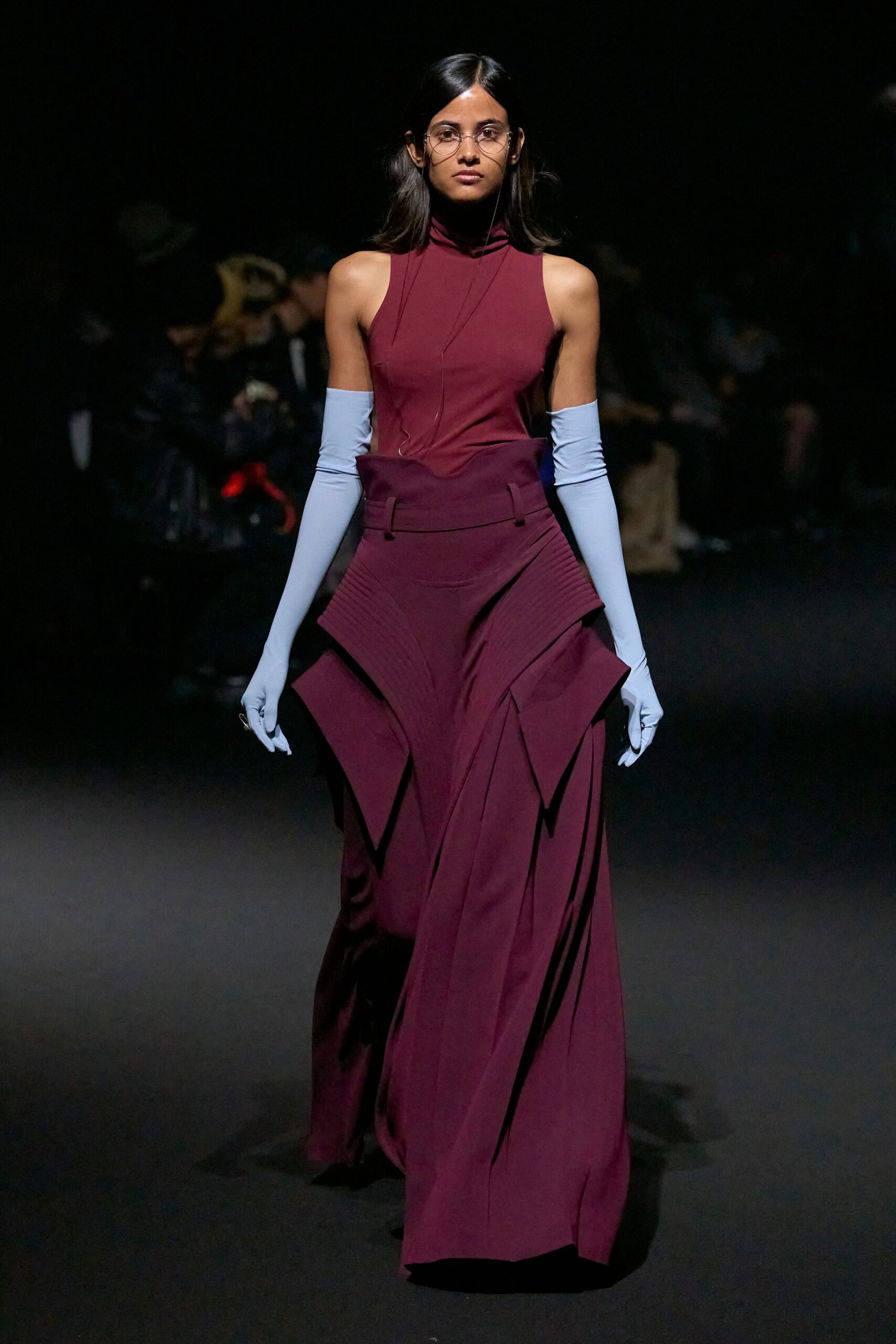 maroon cotton sleeveless high-neck fitted pleated layered dress