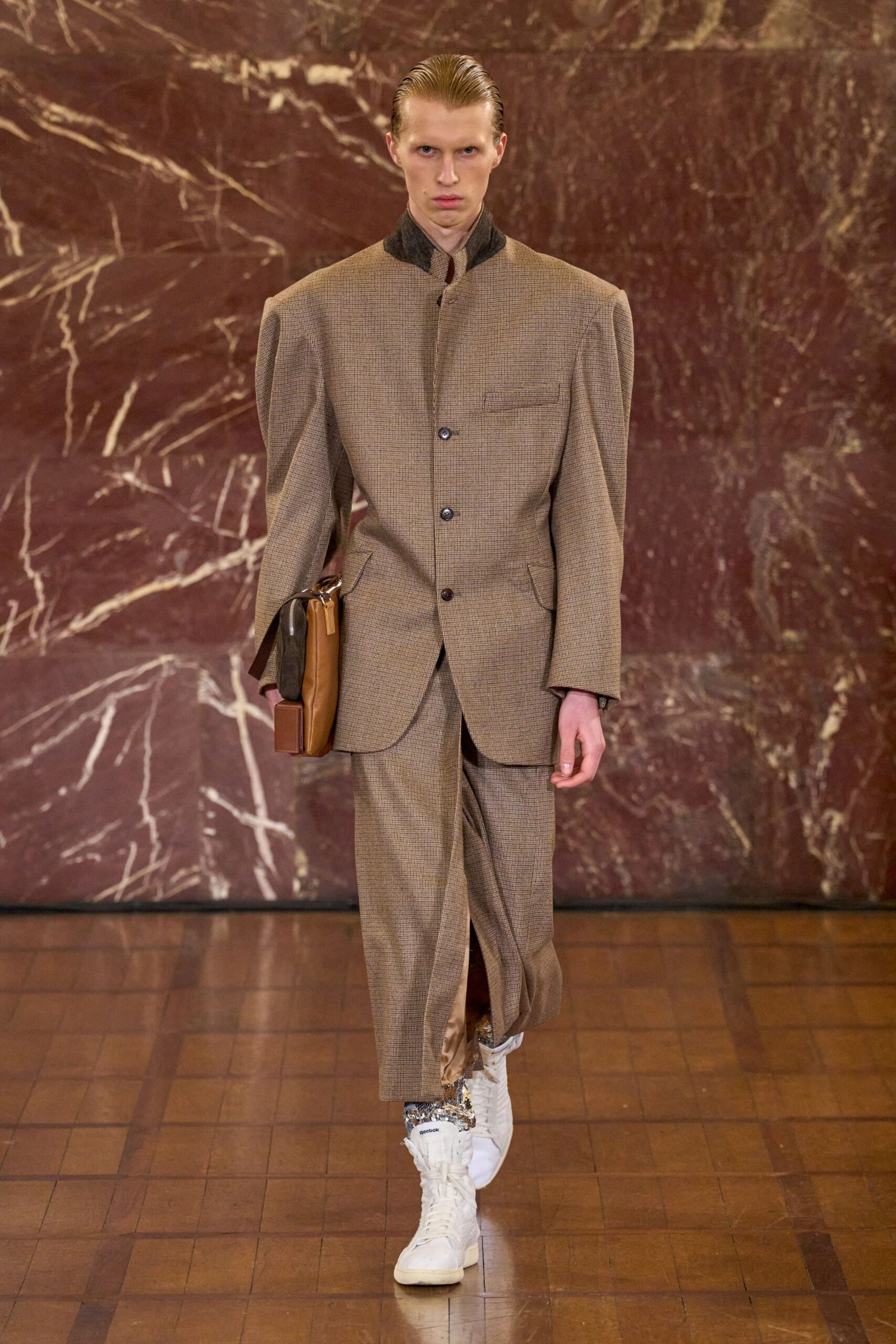 brown wool long-sleeve collared structured buttoned pleated suit