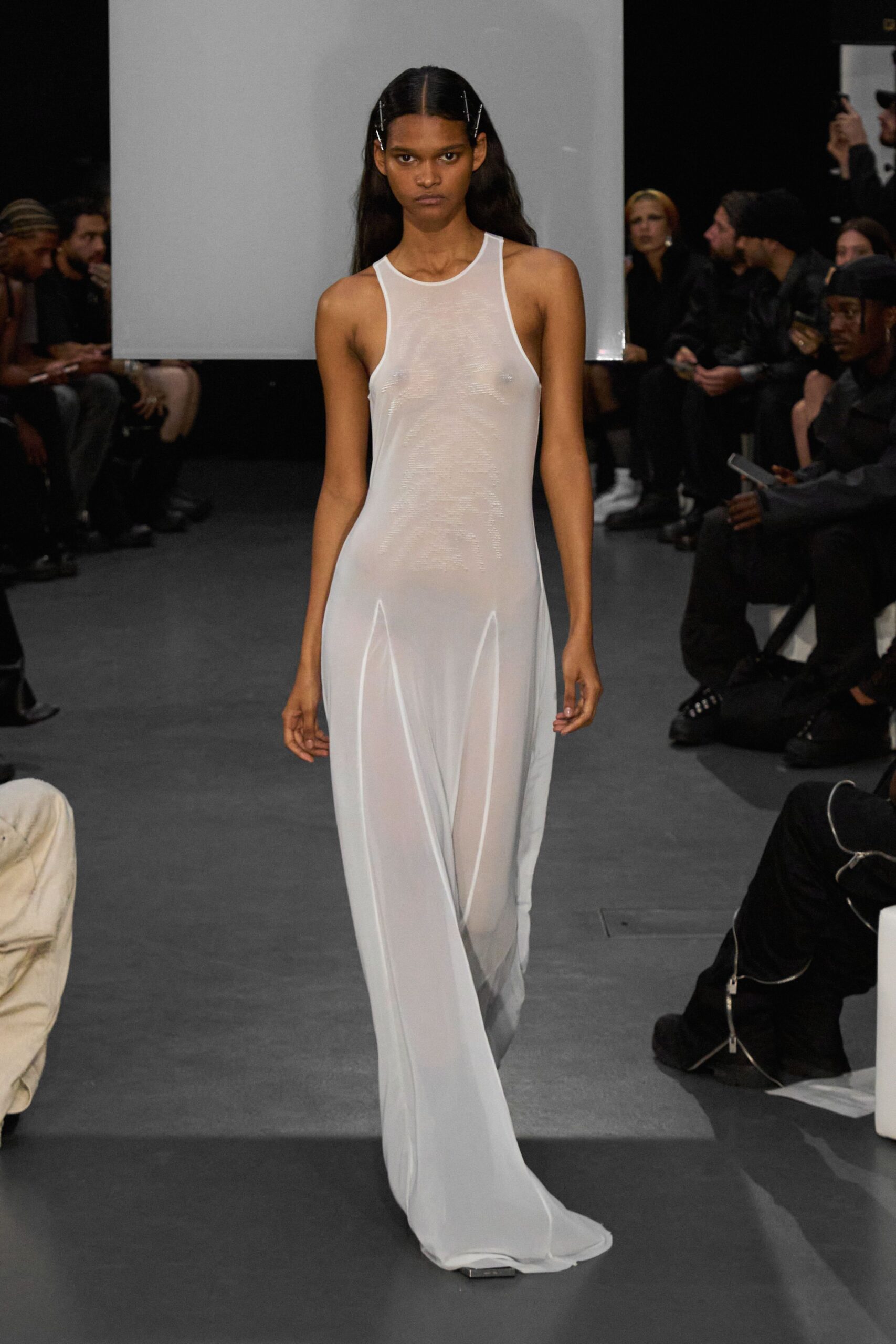 white silk sleeveless gown