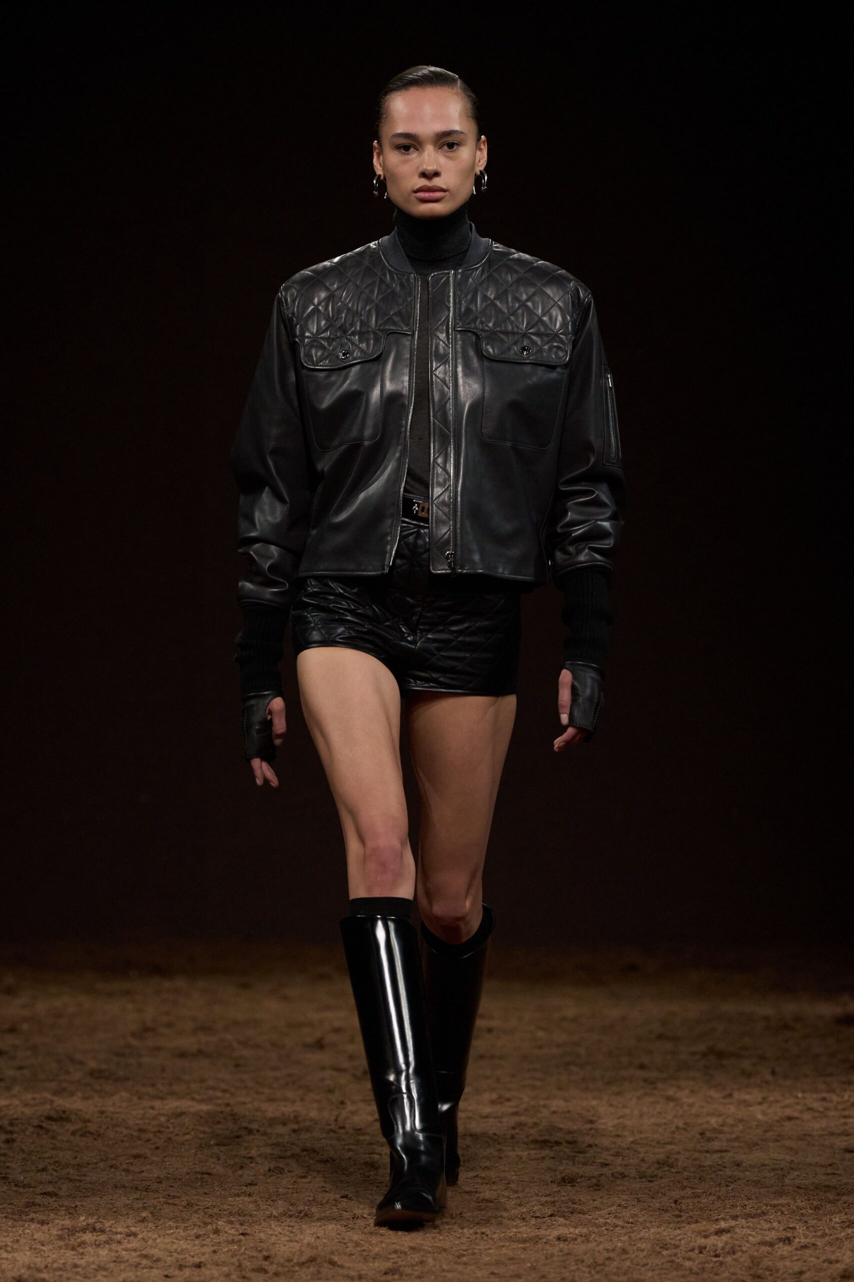 black leather jacket and shorts