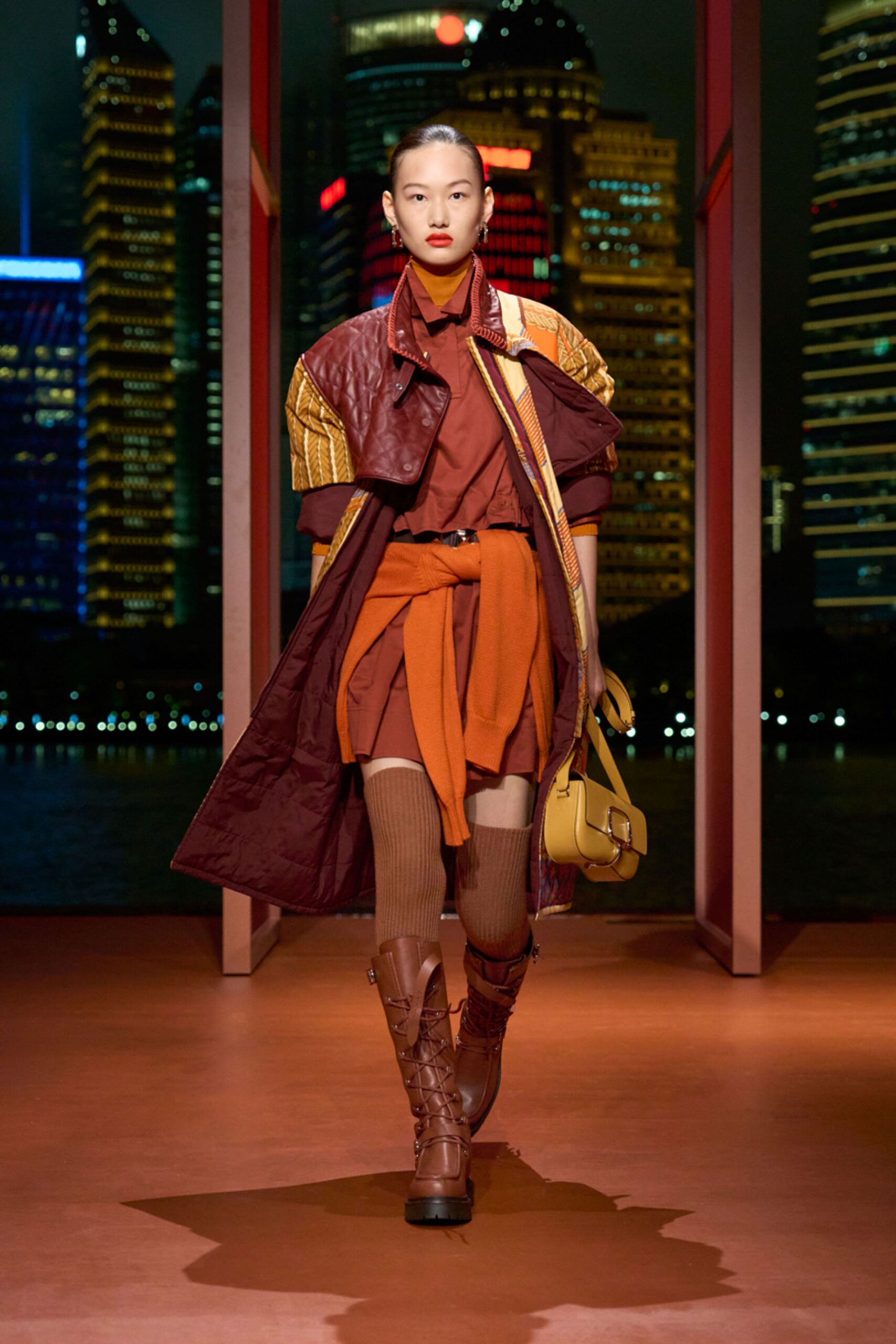 brown cotton long-sleeve collared fitted layered mini dress