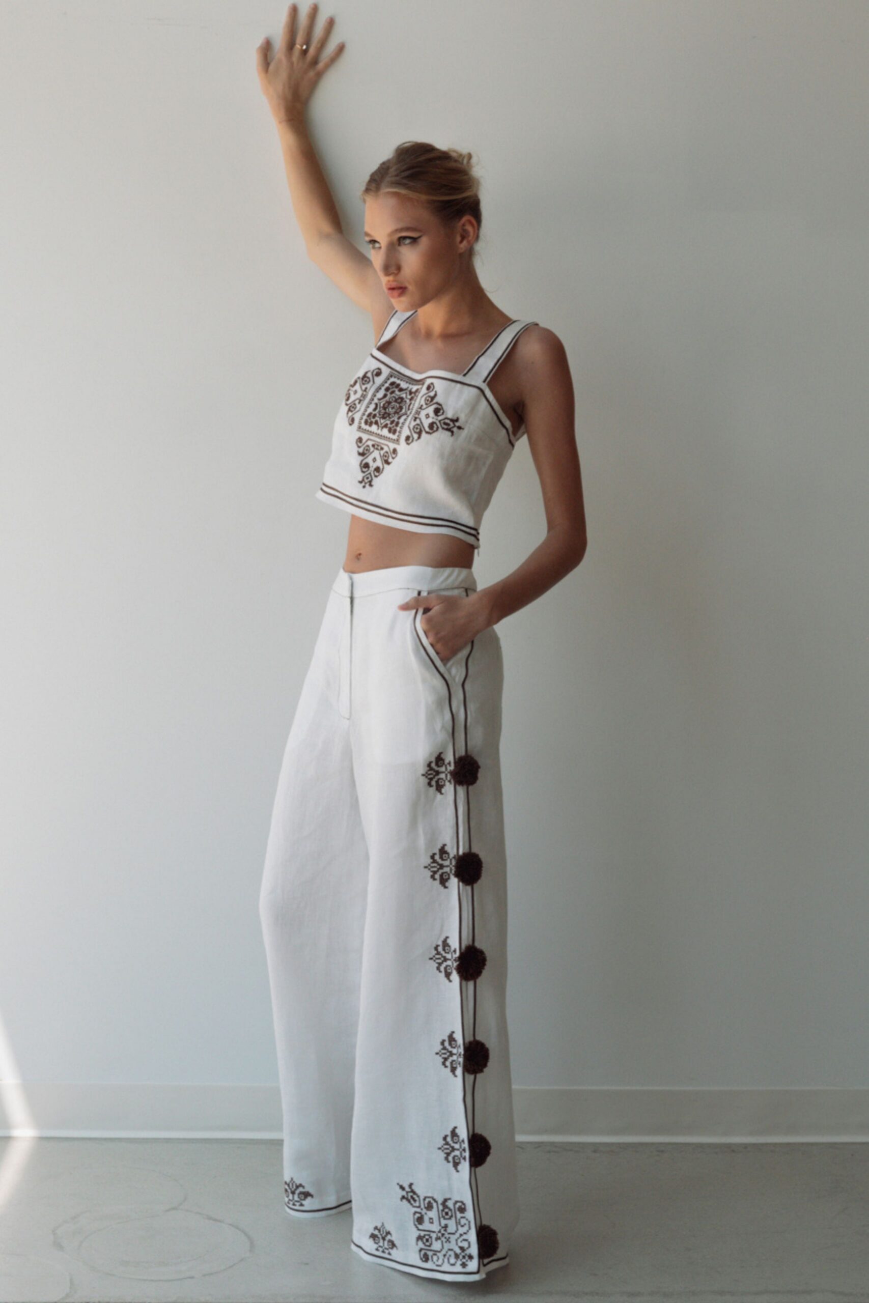 white cotton sleeveless square-neck fitted embroidered cropped crop-top