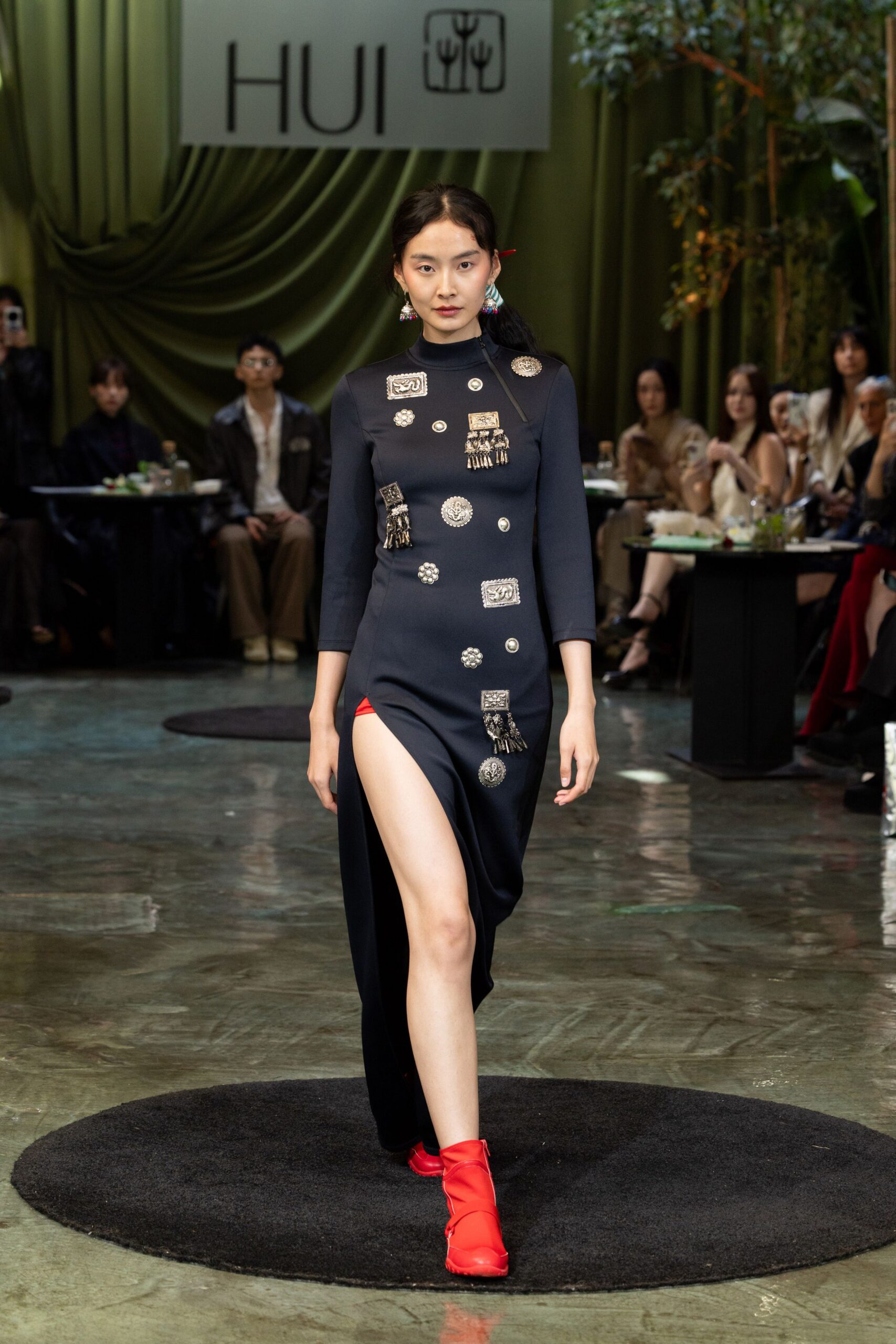 black cotton long-sleeve high-neck fitted embroidered midi dress