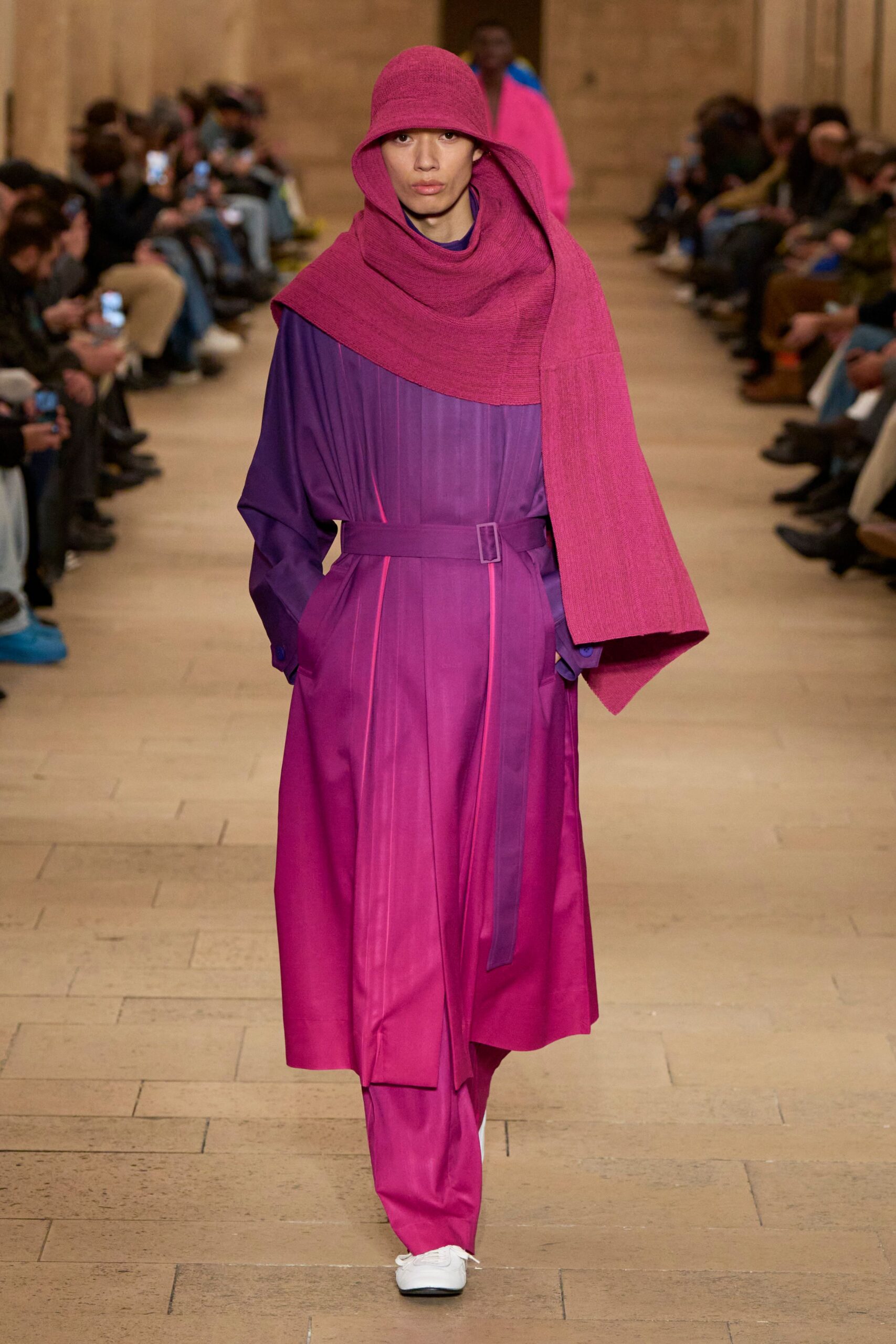 purple long-sleeve collared fitted belted pleated maxi dress