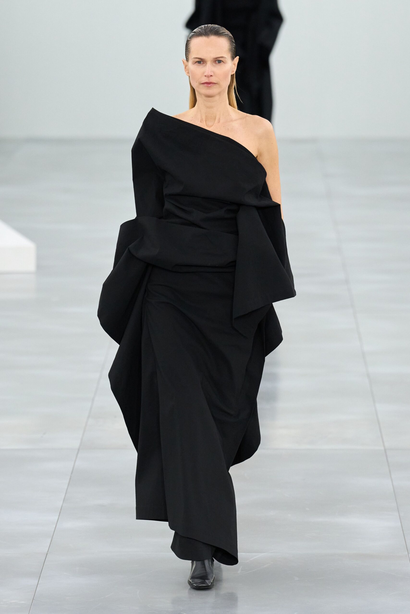 black silk strapless asymmetric fitted draped maxi gown