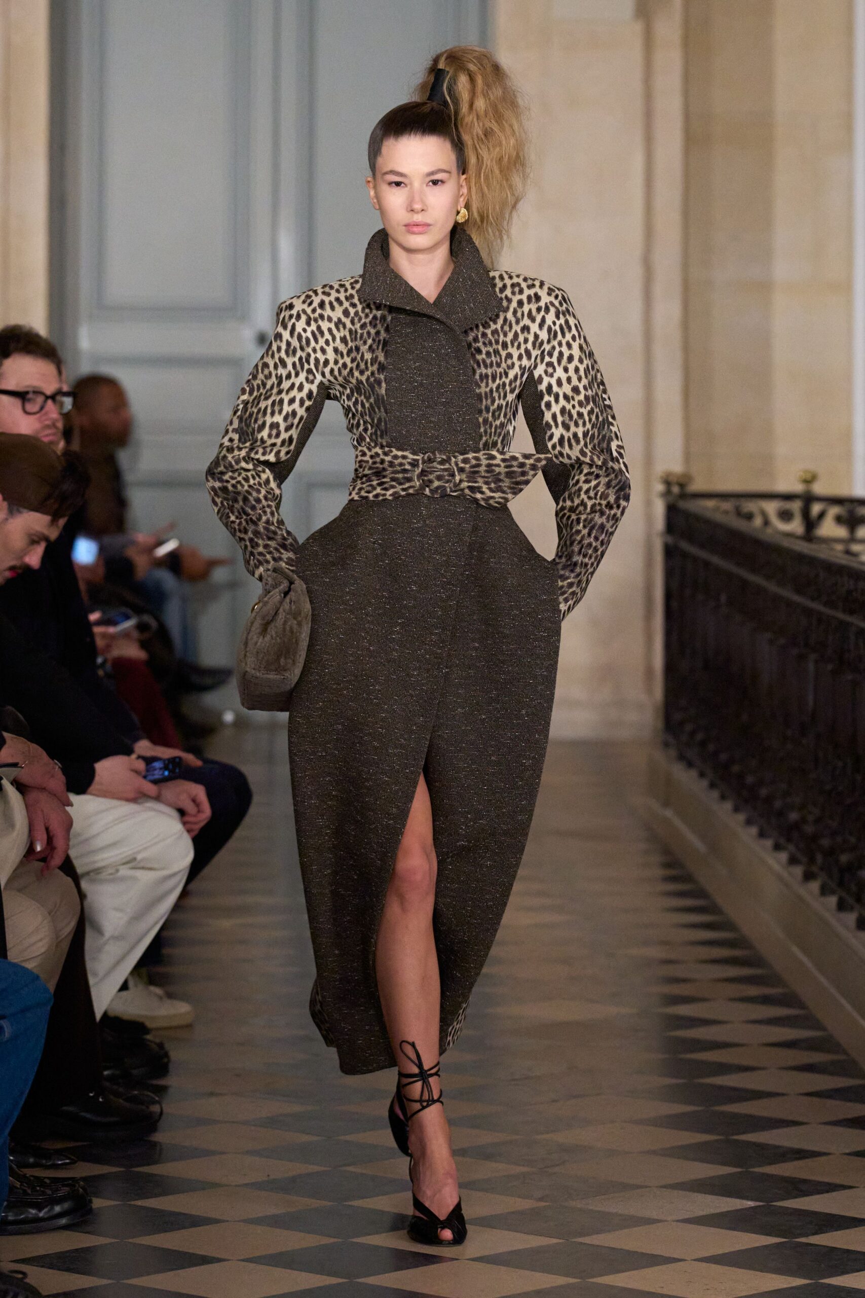 brown wool long-sleeve collared fitted animal-print belted coat