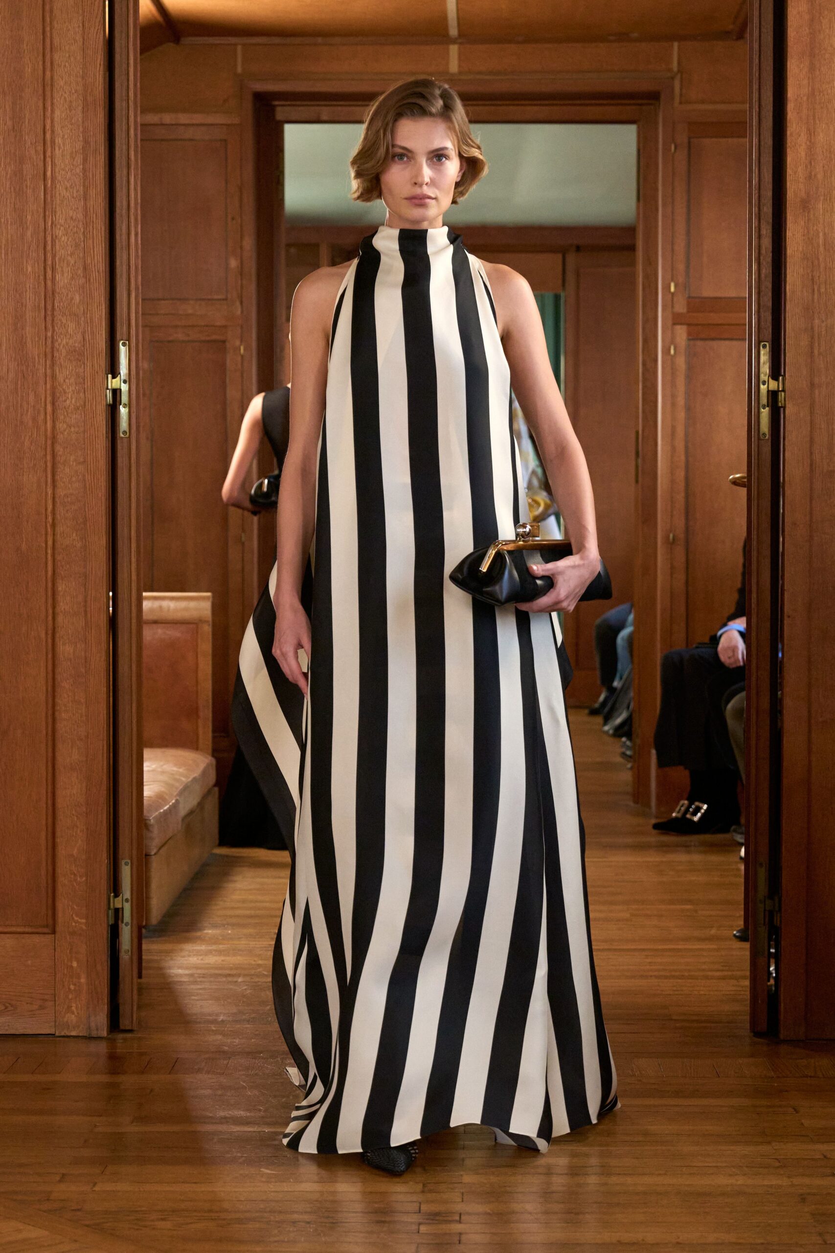 black and white striped gown