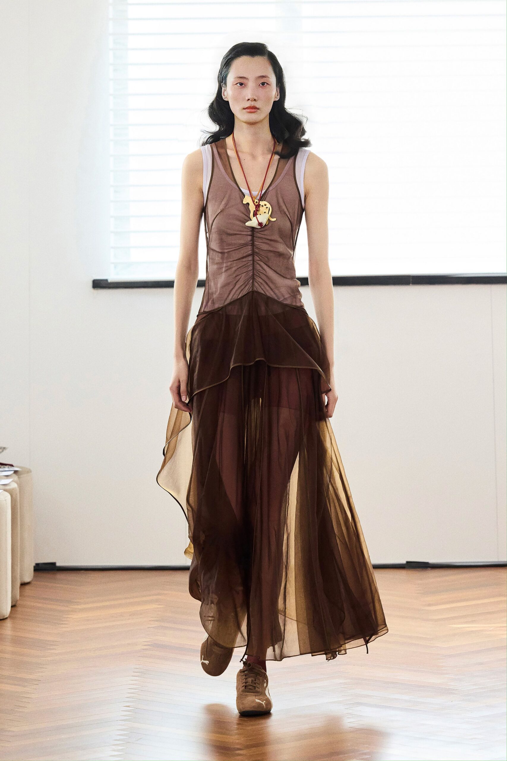 brown silk sleeveless v-neck fitted layered draped dress