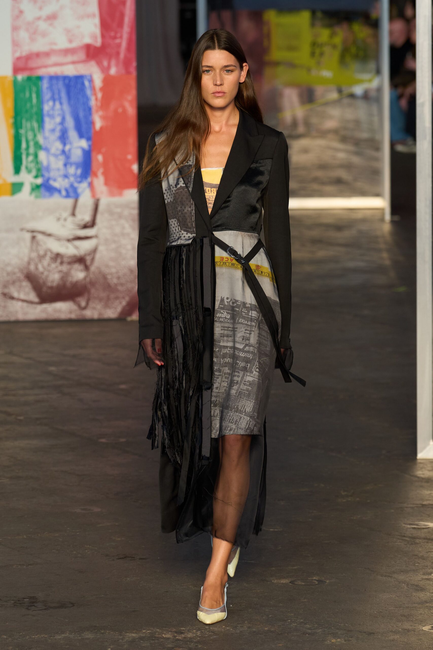 black silk long-sleeve collared fitted layered fringed dress