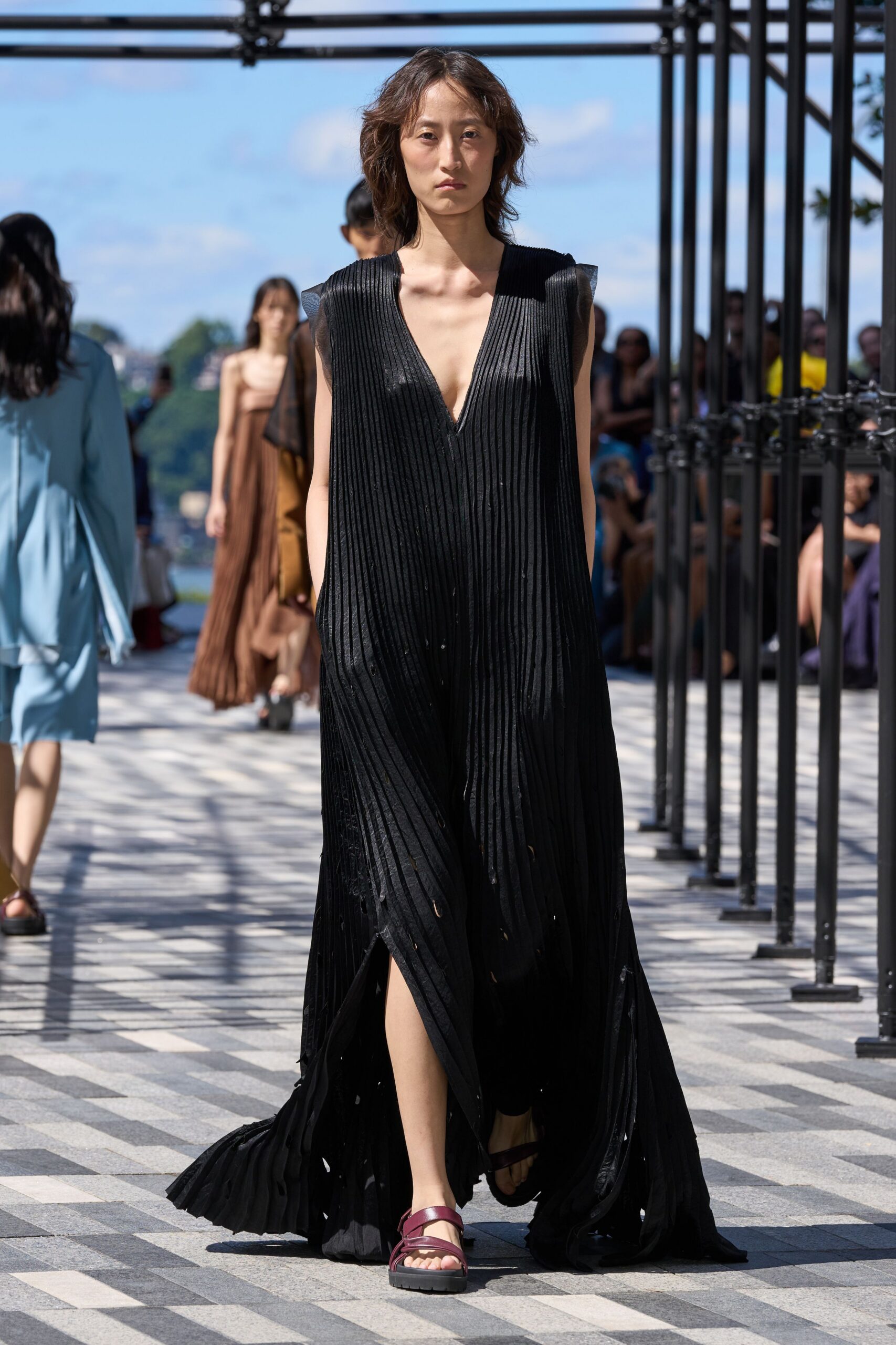 black silk sleeveless v-neck relaxed pleated flowing dress