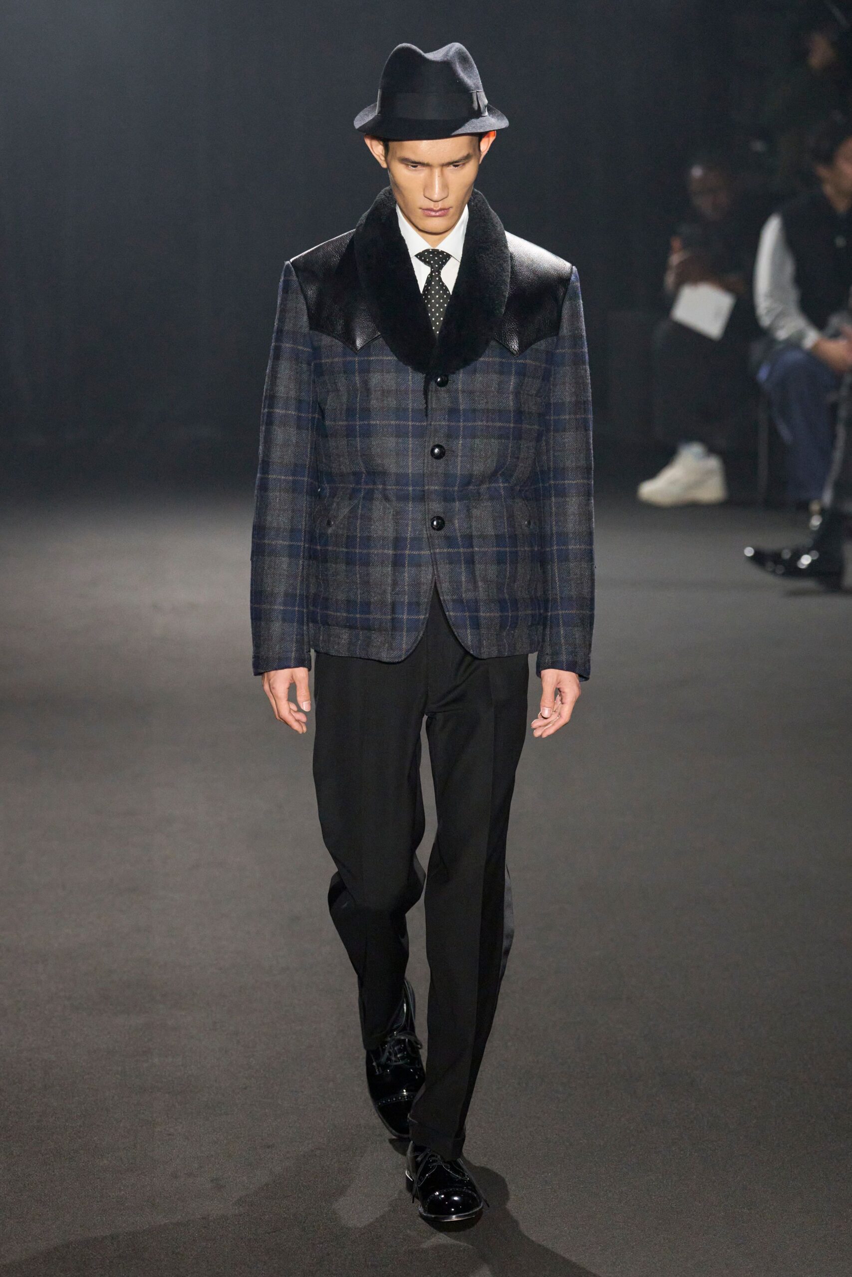 blue checked blazer with black pants