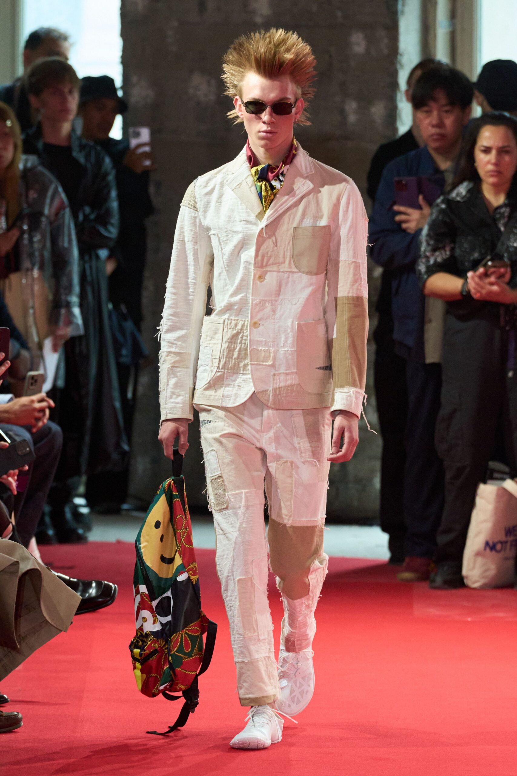 white patchwork suit with accessories