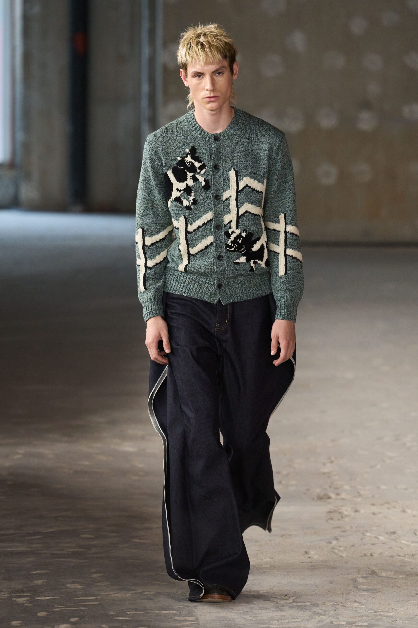 green wool cardigan with blue pants