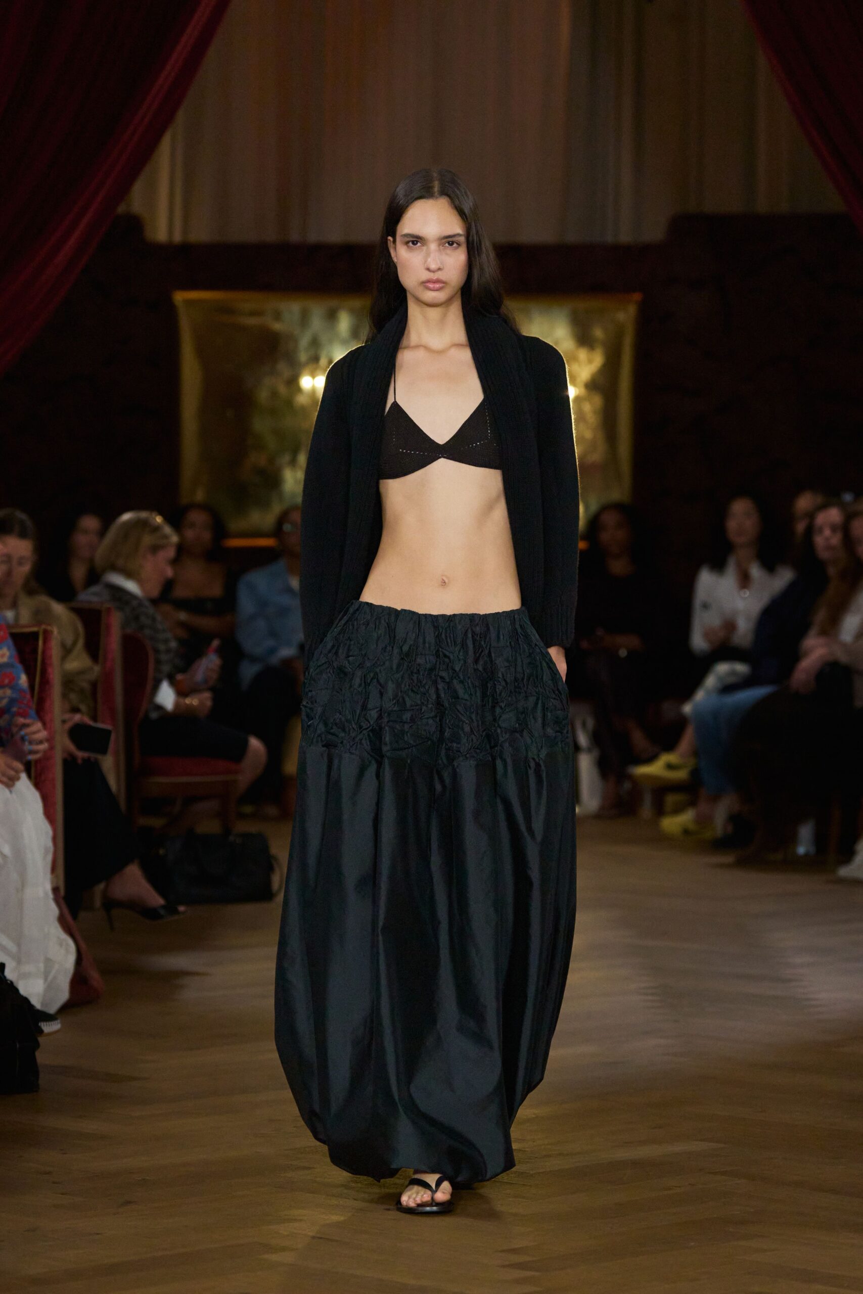black cropped top and maxi skirt