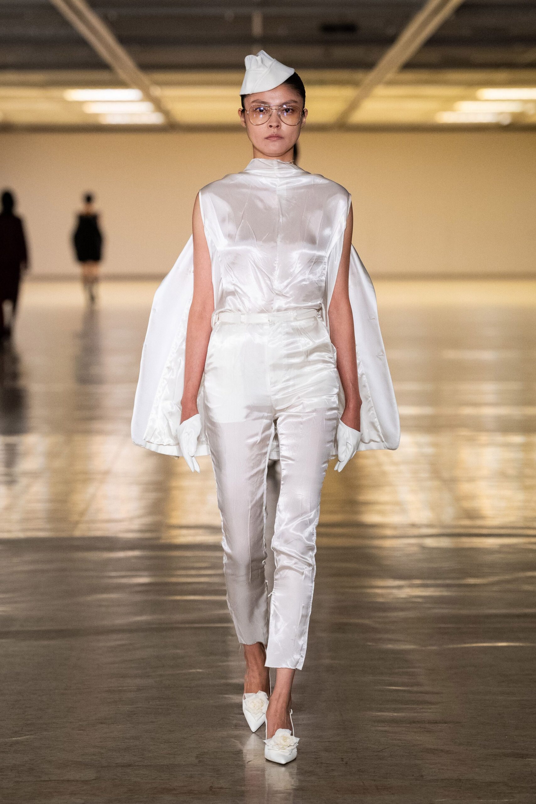 white silk fitted top and pants