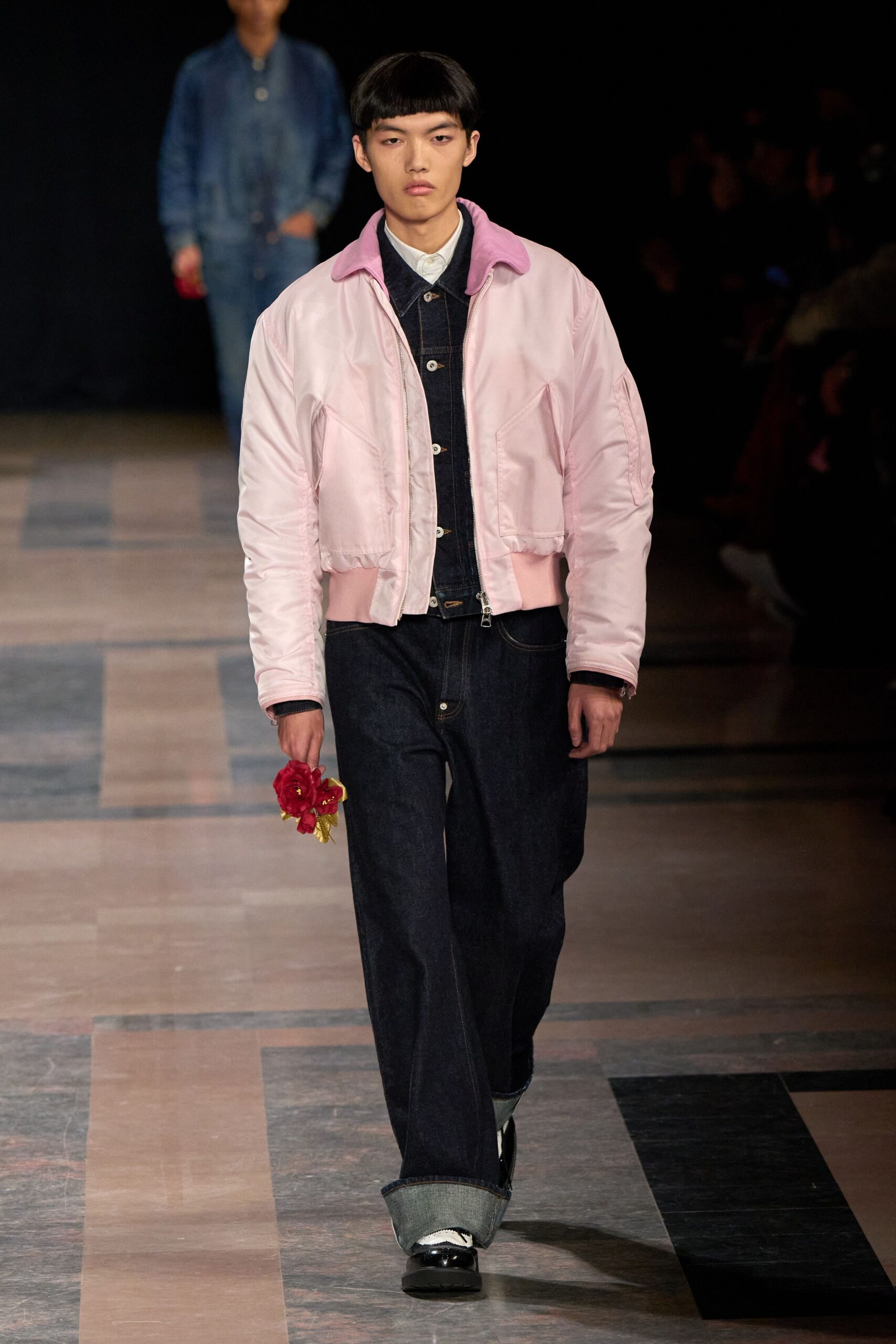 pink jacket with denim outfit