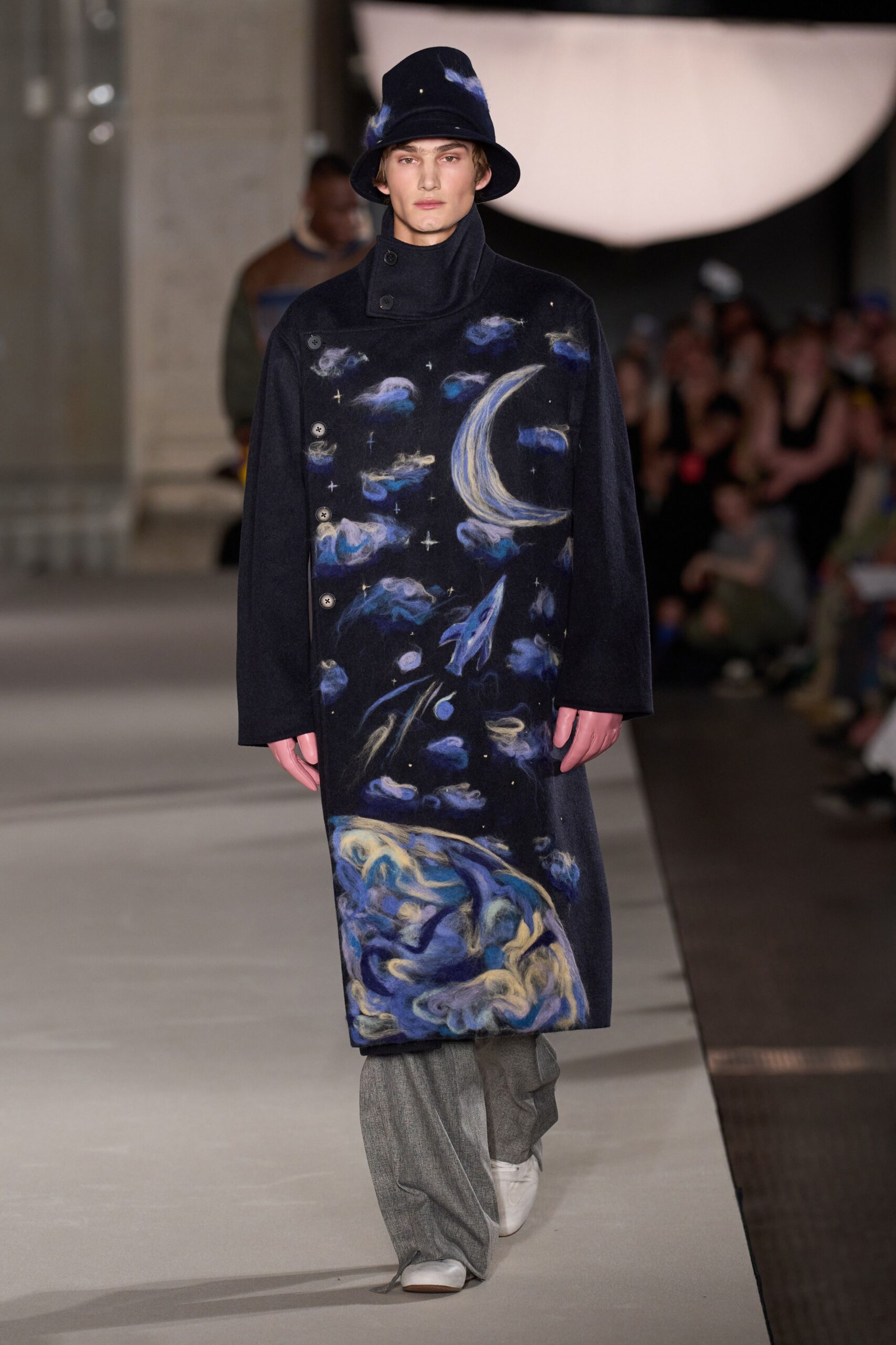 blue wool long-sleeve collared relaxed embroidered coat