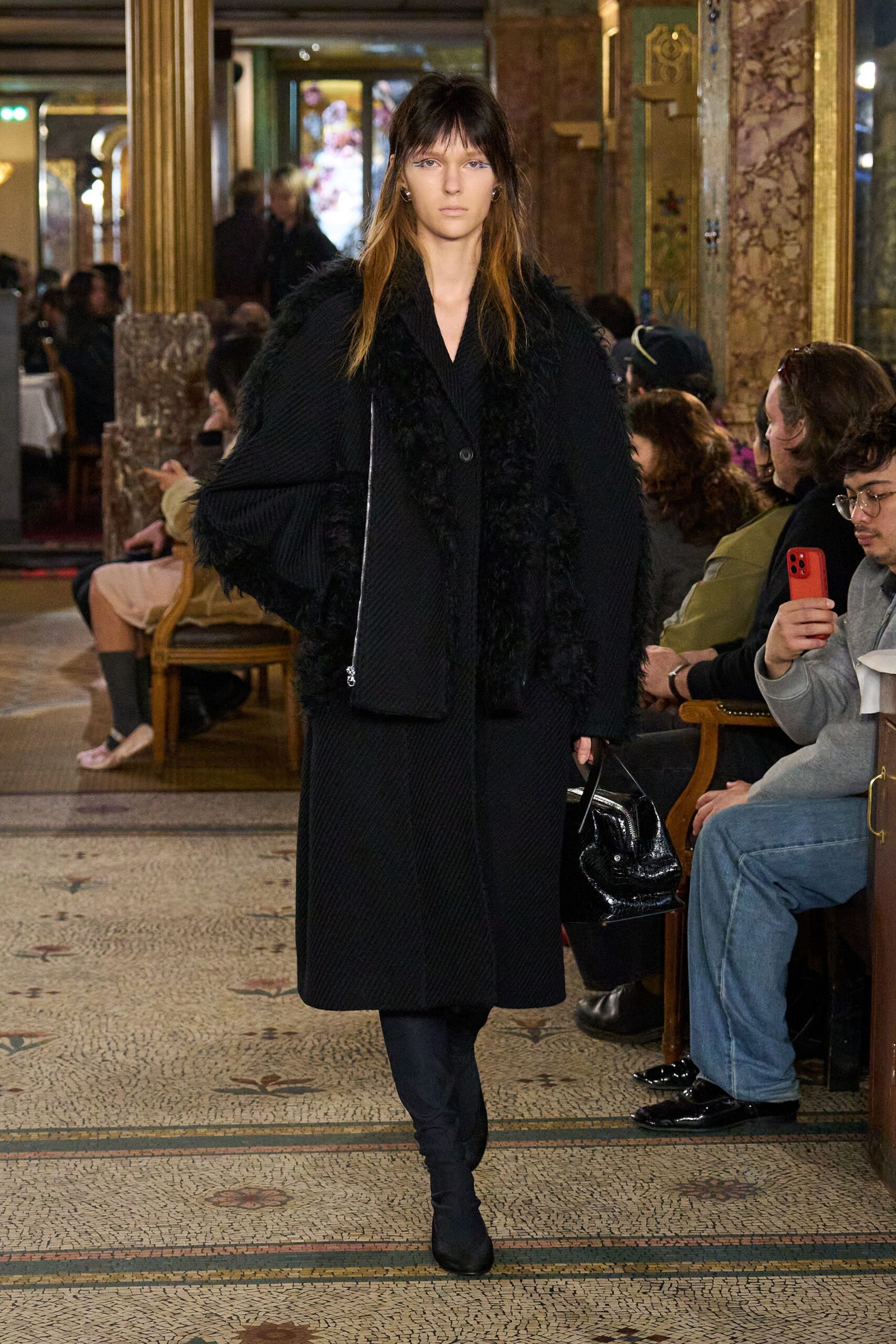 black wool long-sleeve relaxed fringed midi coat