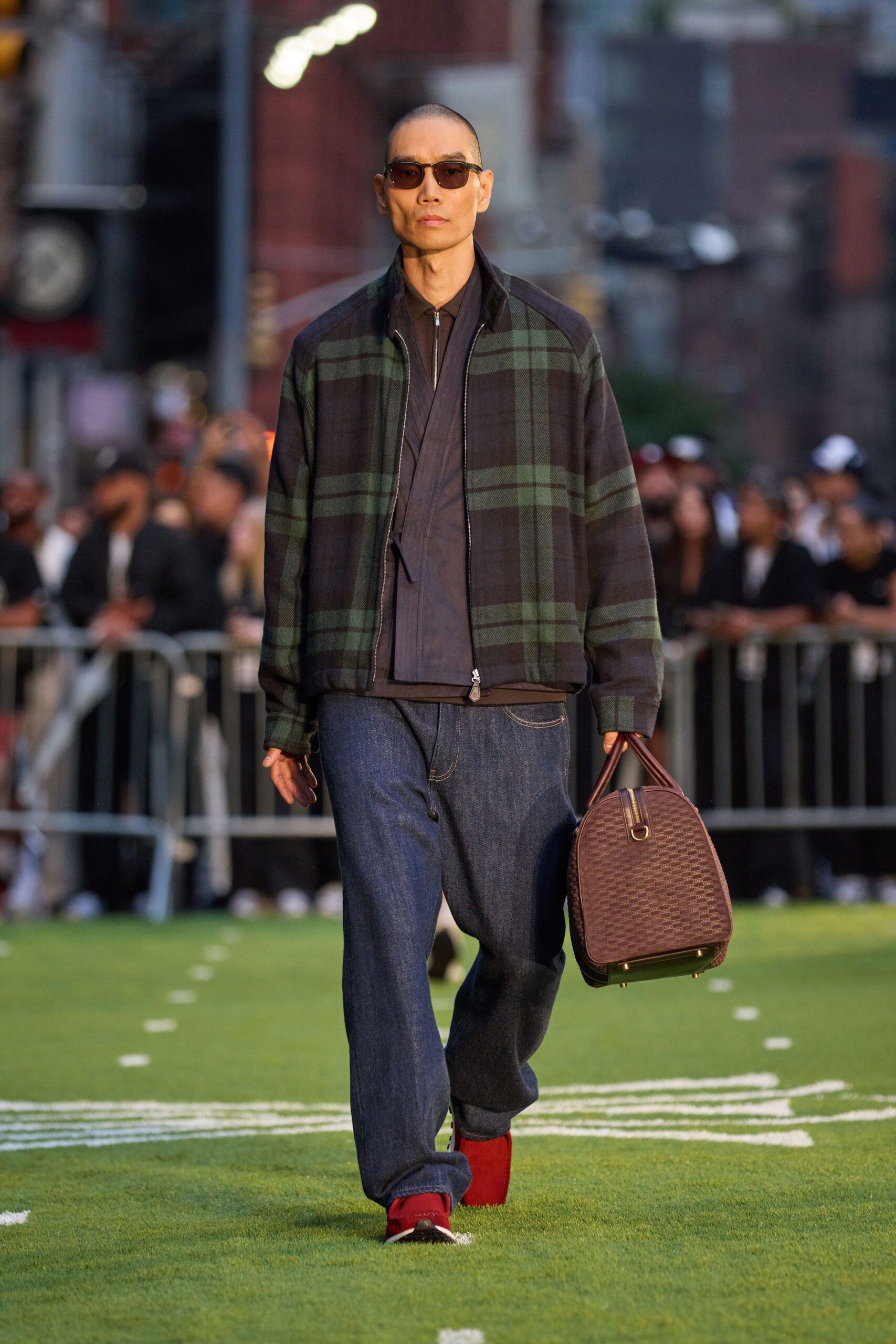 relaxed green checked jacket with denim pants