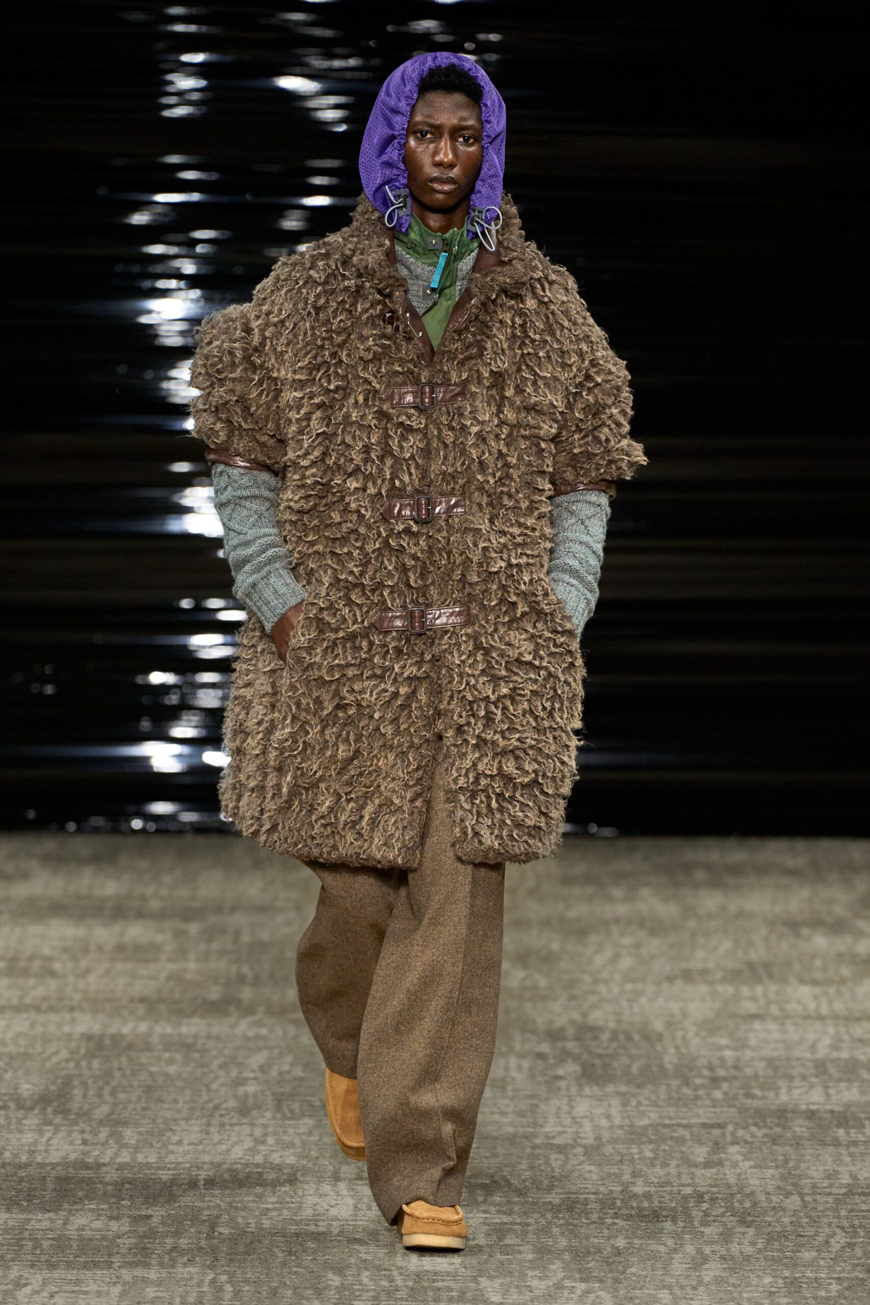 brown fur coat with gray shirt