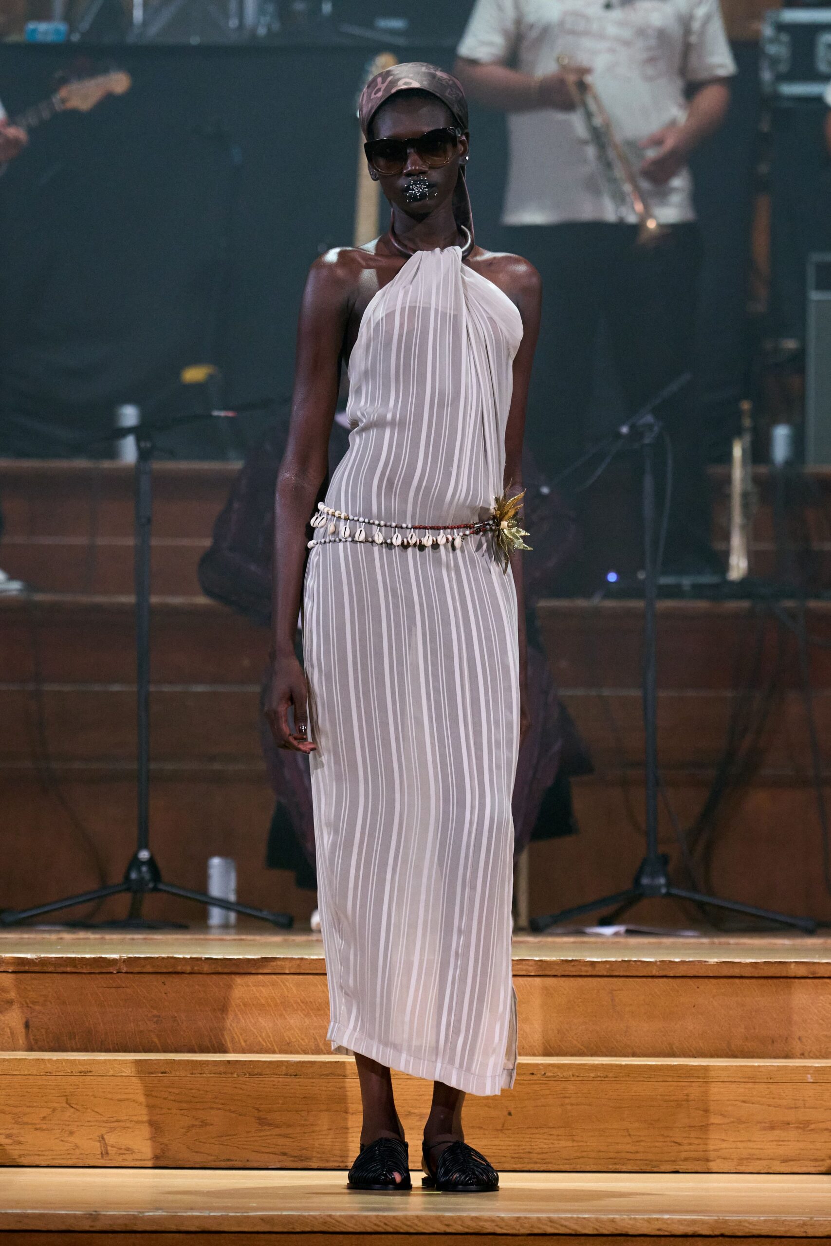 white silk sleeveless halter fitted striped belted dress