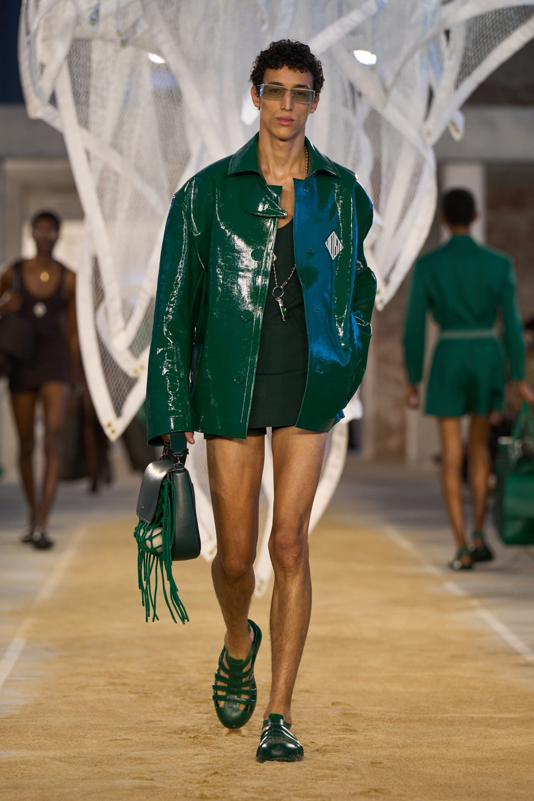 green vinyl long-sleeve oversized zippered shiny jacket