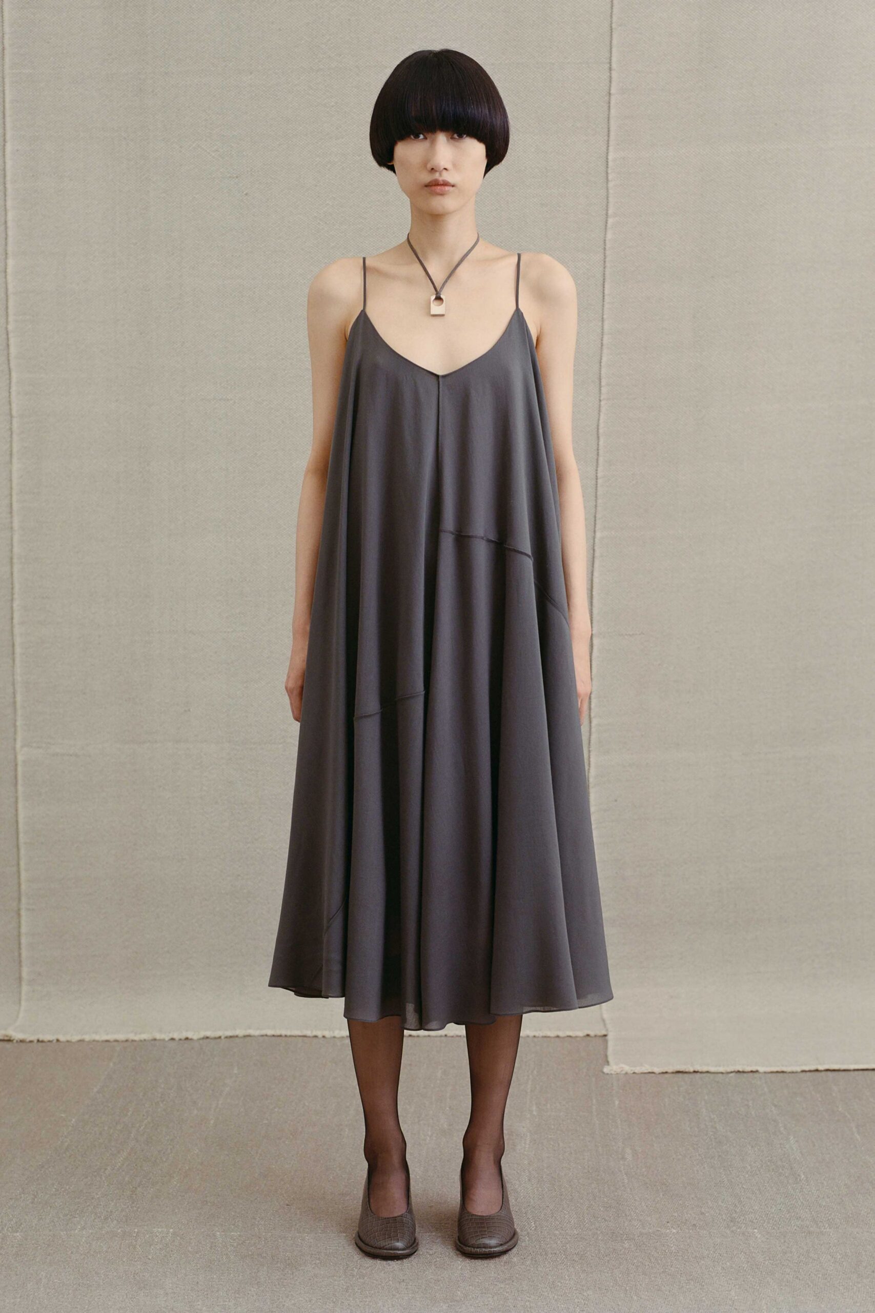 gray silk sleeveless v-neck relaxed a-line midi dress