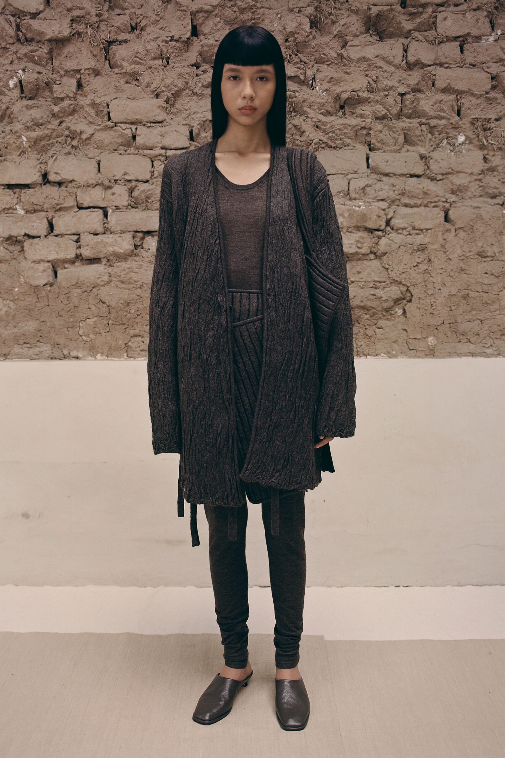 brown cotton long-sleeve collared relaxed textured coat