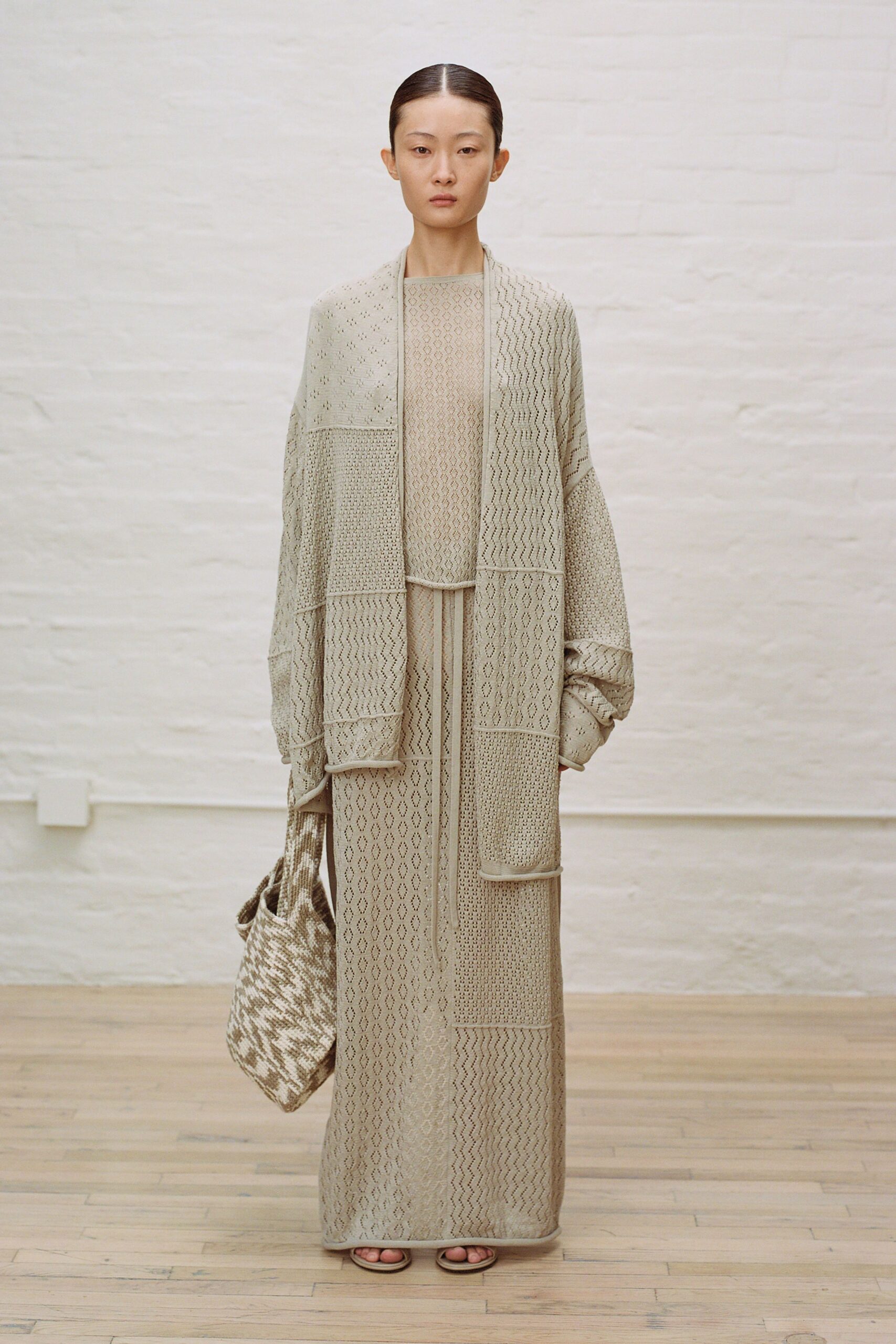 beige cotton long-sleeve high-neck fitted layered maxi dress