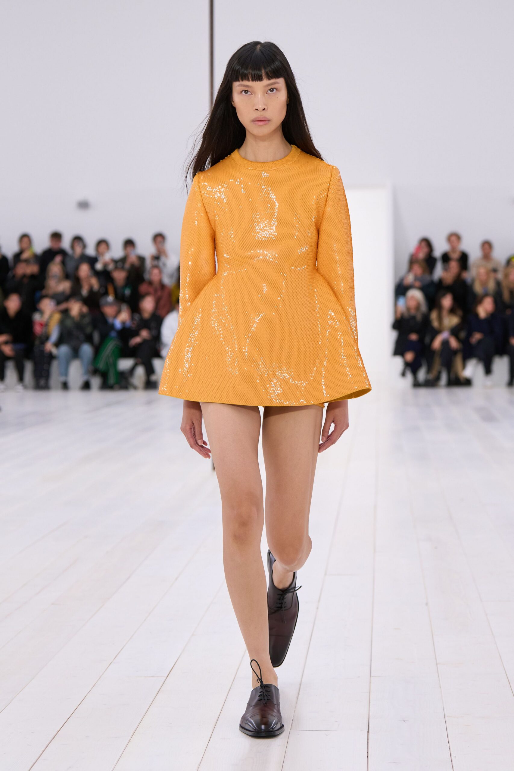 orange sequin long-sleeve high-neck fitted pleated shiny dress