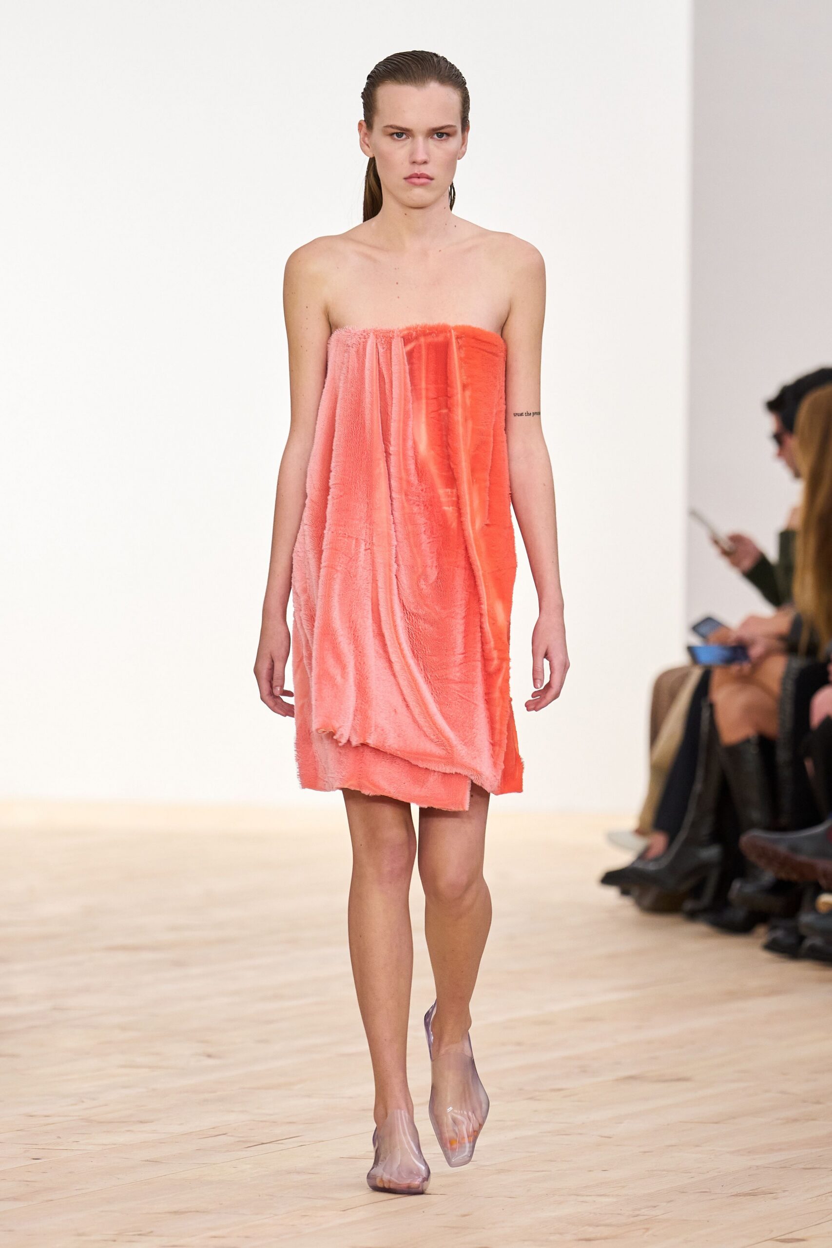 orange velvet strapless fitted draped shiny mini dress