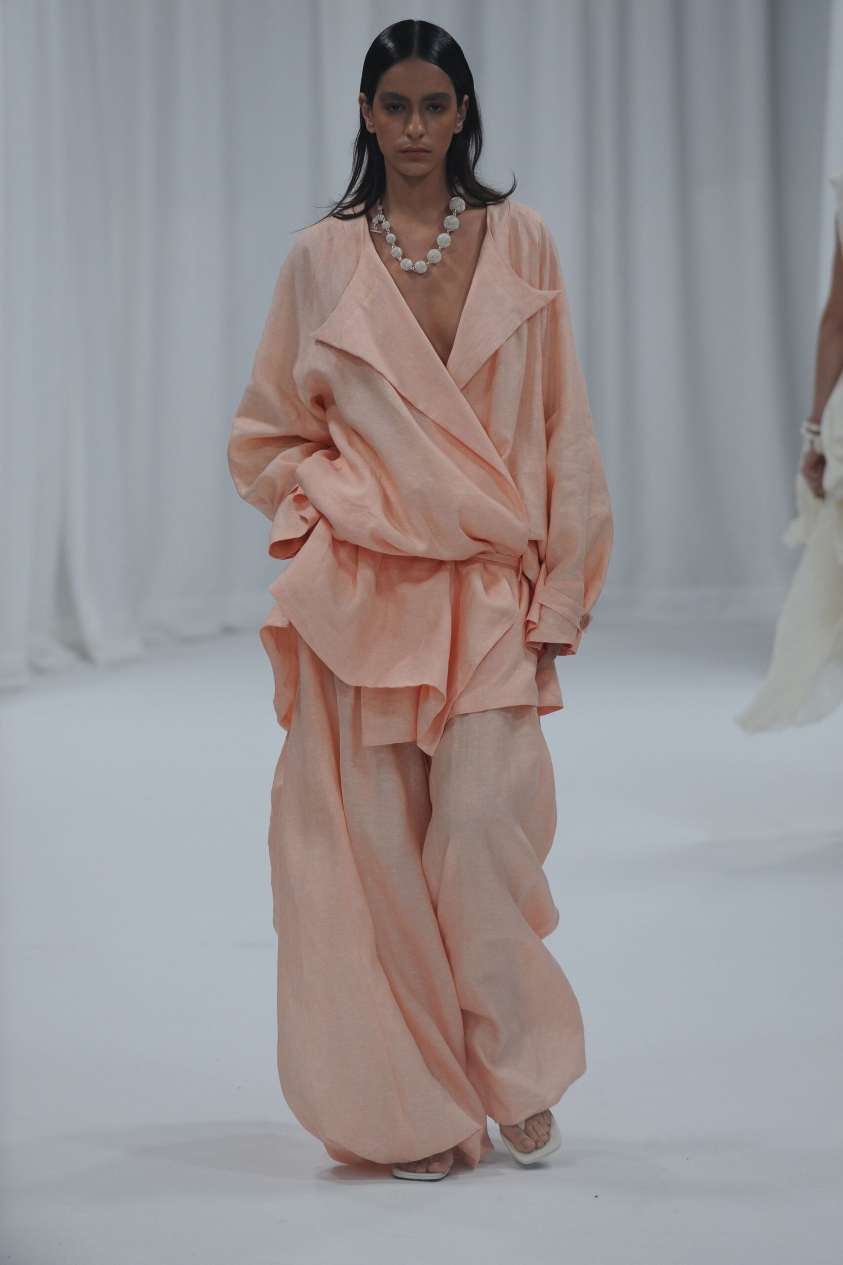 pink cotton long-sleeve v-neck relaxed draped jacket