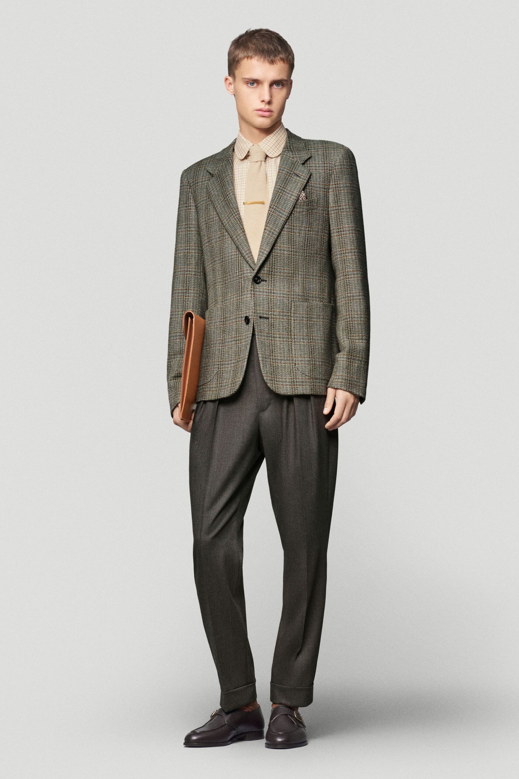 green wool long-sleeve collared tailored checked blazer