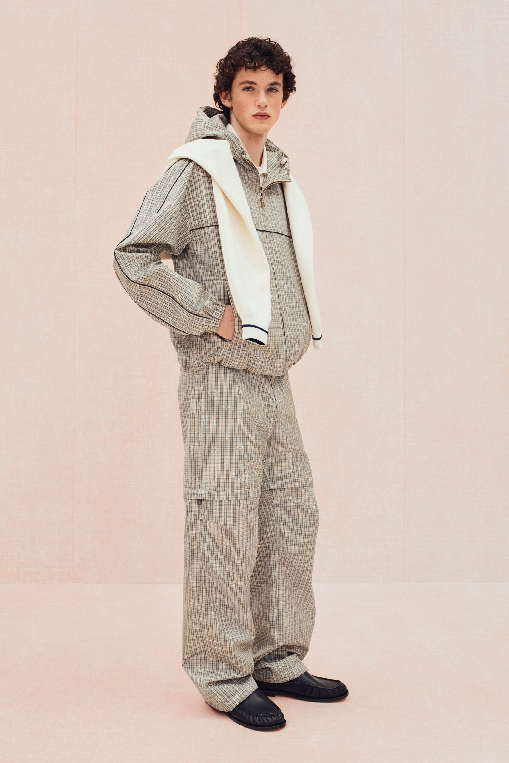 beige cotton relaxed checked pants