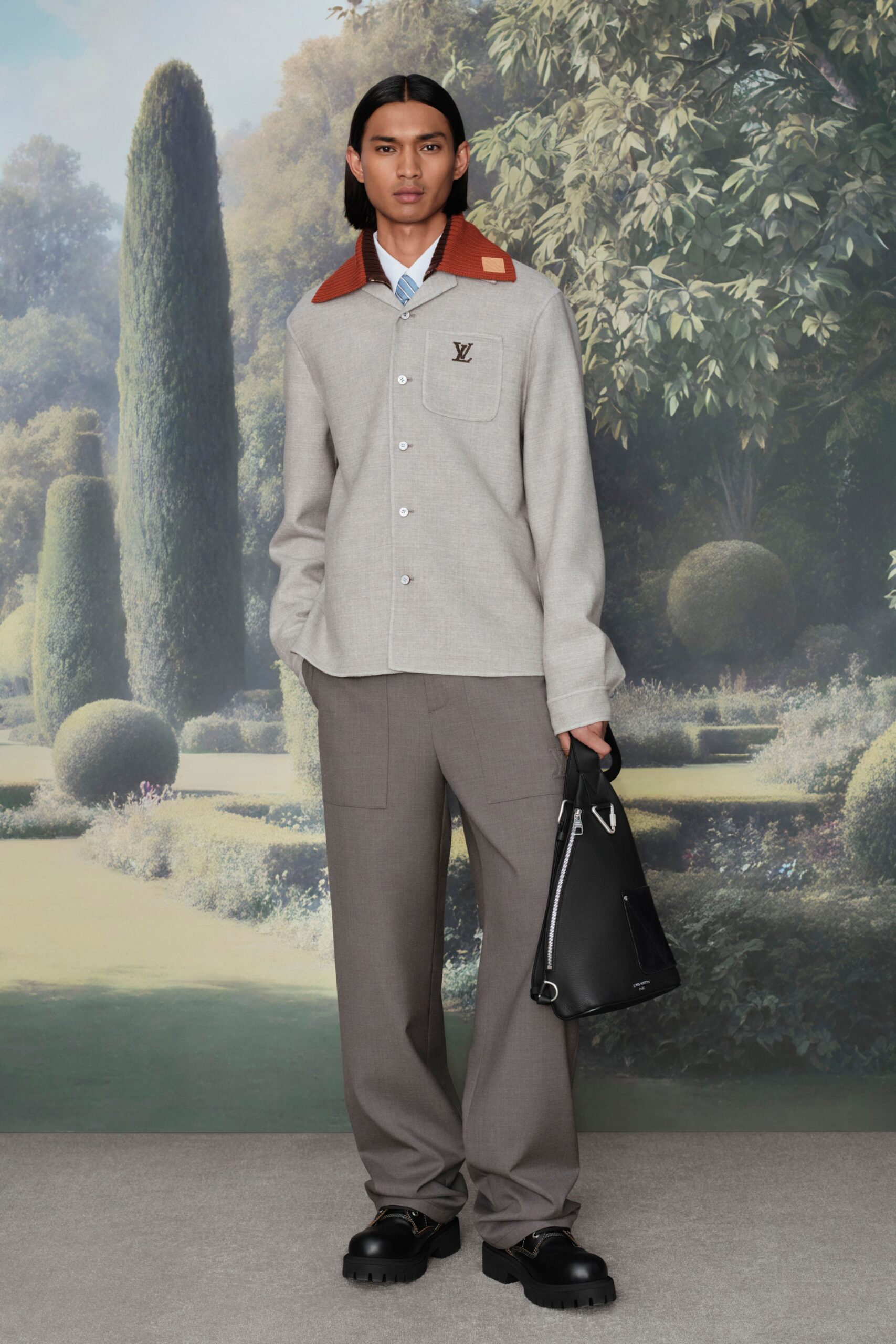 gray relaxed jacket with cargo pants