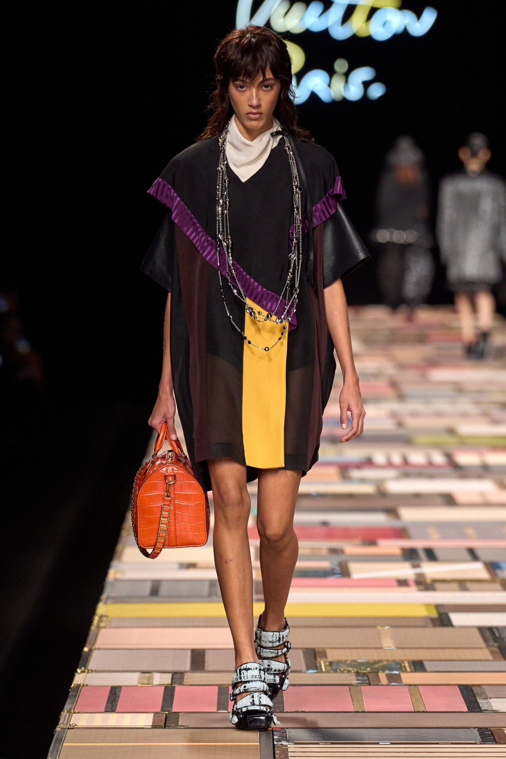 color-blocked relaxed dress with orange bag