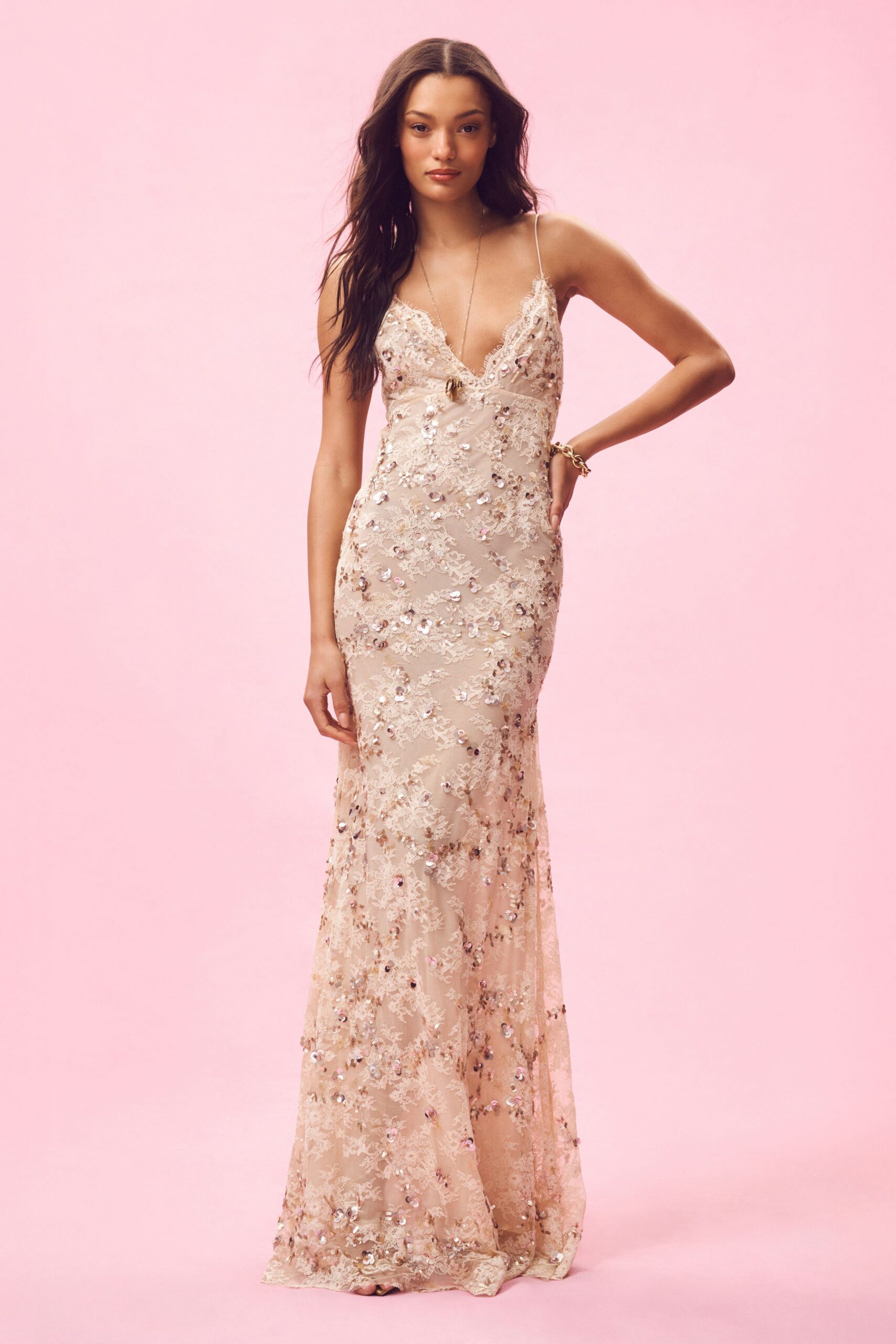 beige lace fitted gown
