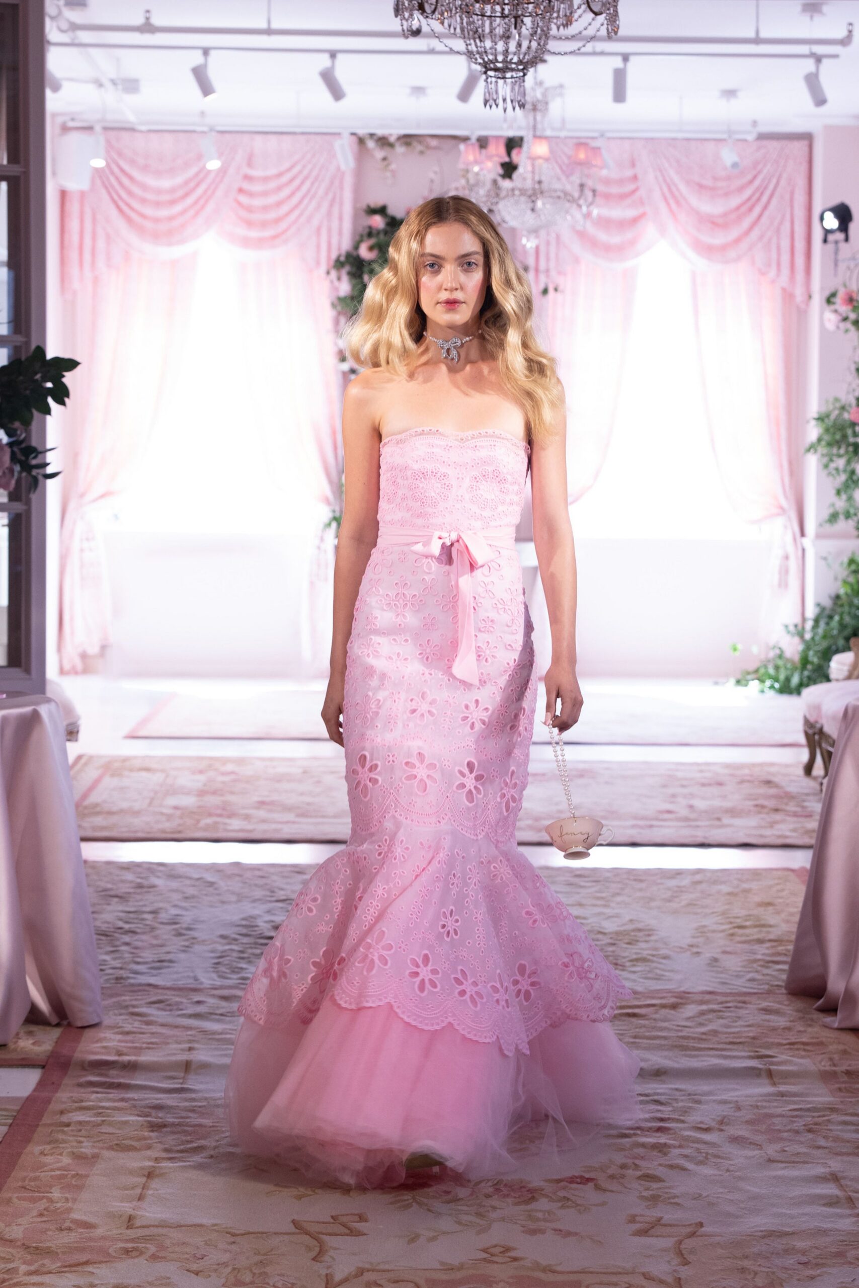 pink lace strapless fitted embellished flared flowing gown