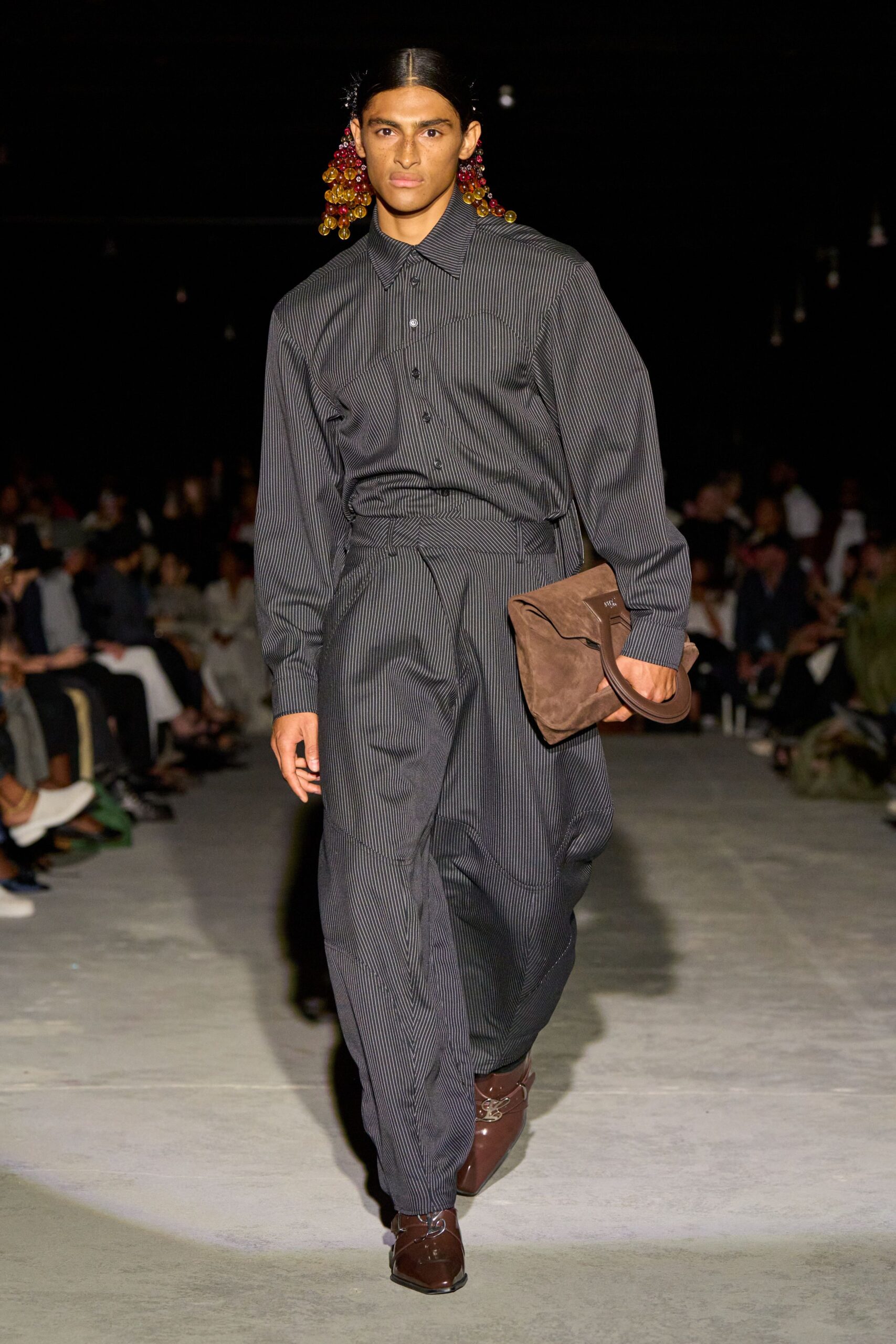 black gray striped shirt and pants