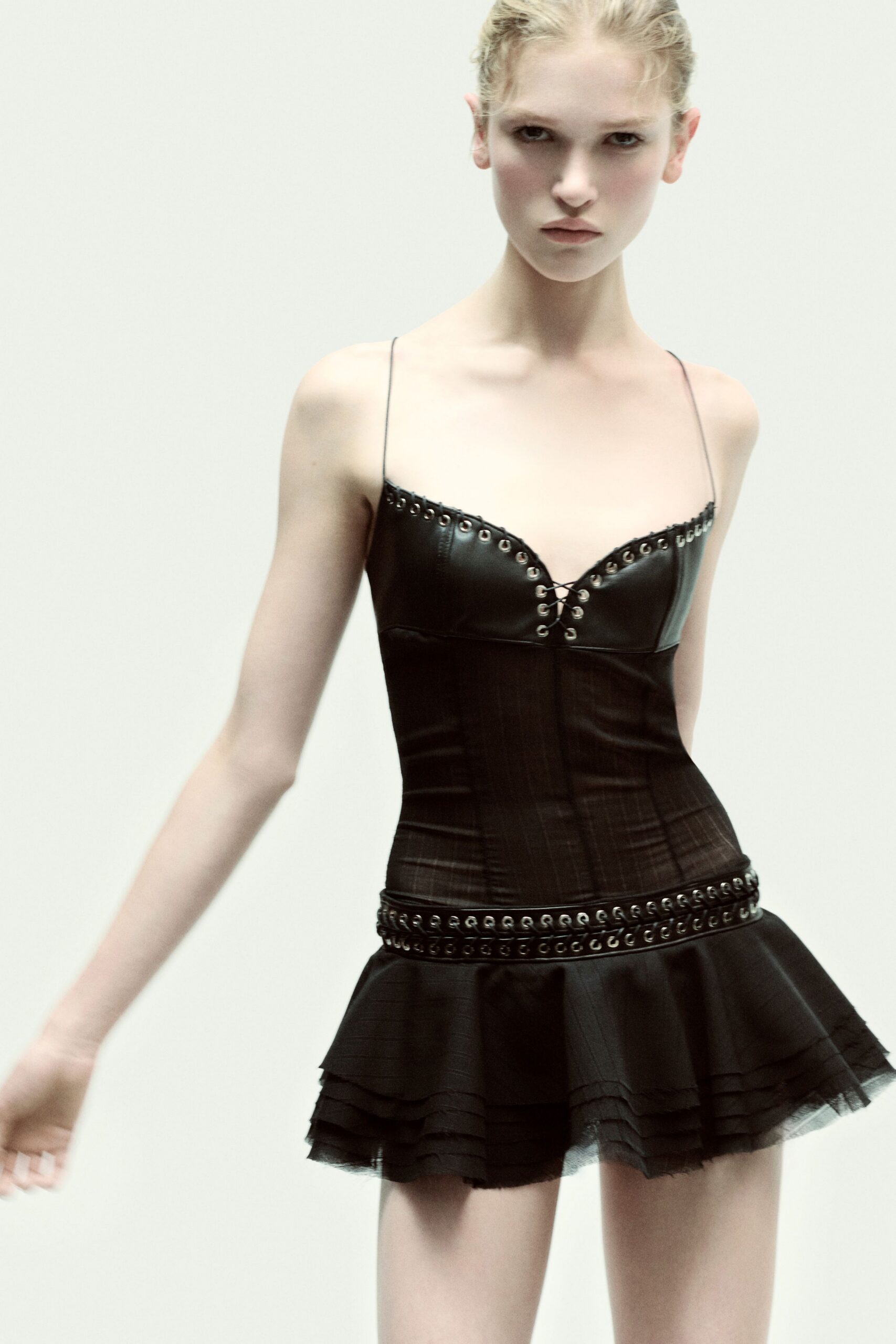 black leather sleeveless mini dress