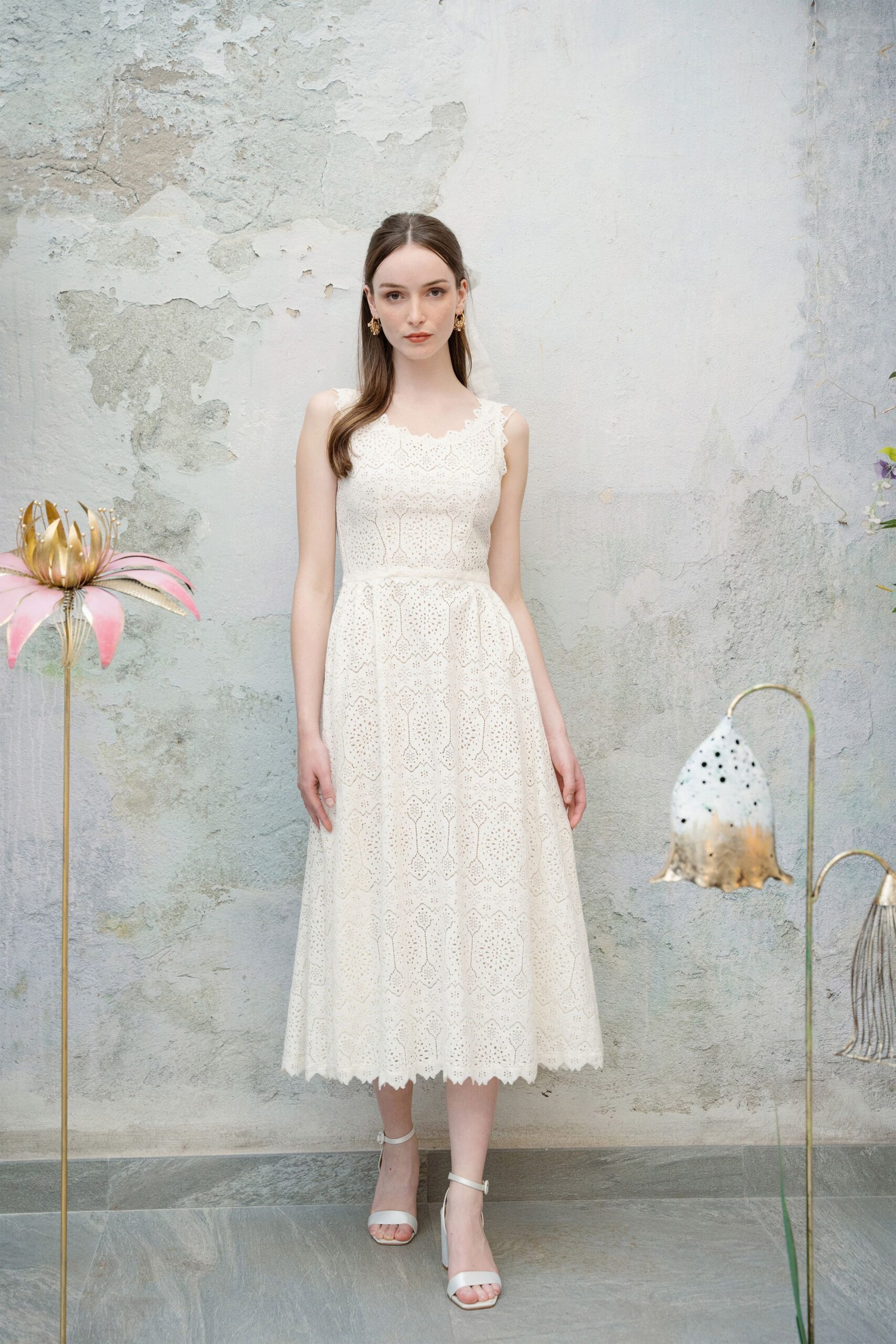 white lace sleeveless v-neck fitted pleated a-line dress