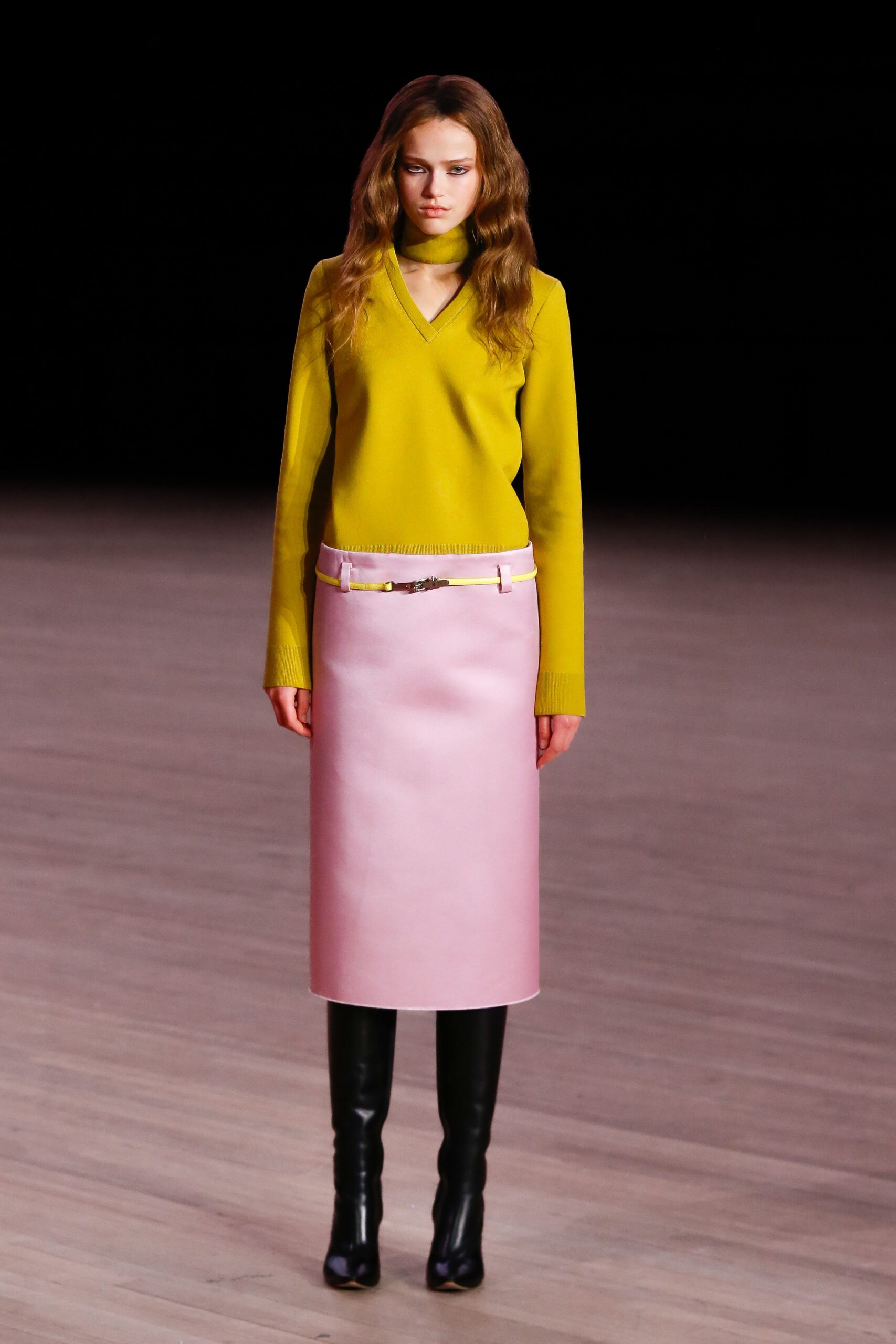 yellow fitted top pink midi skirt
