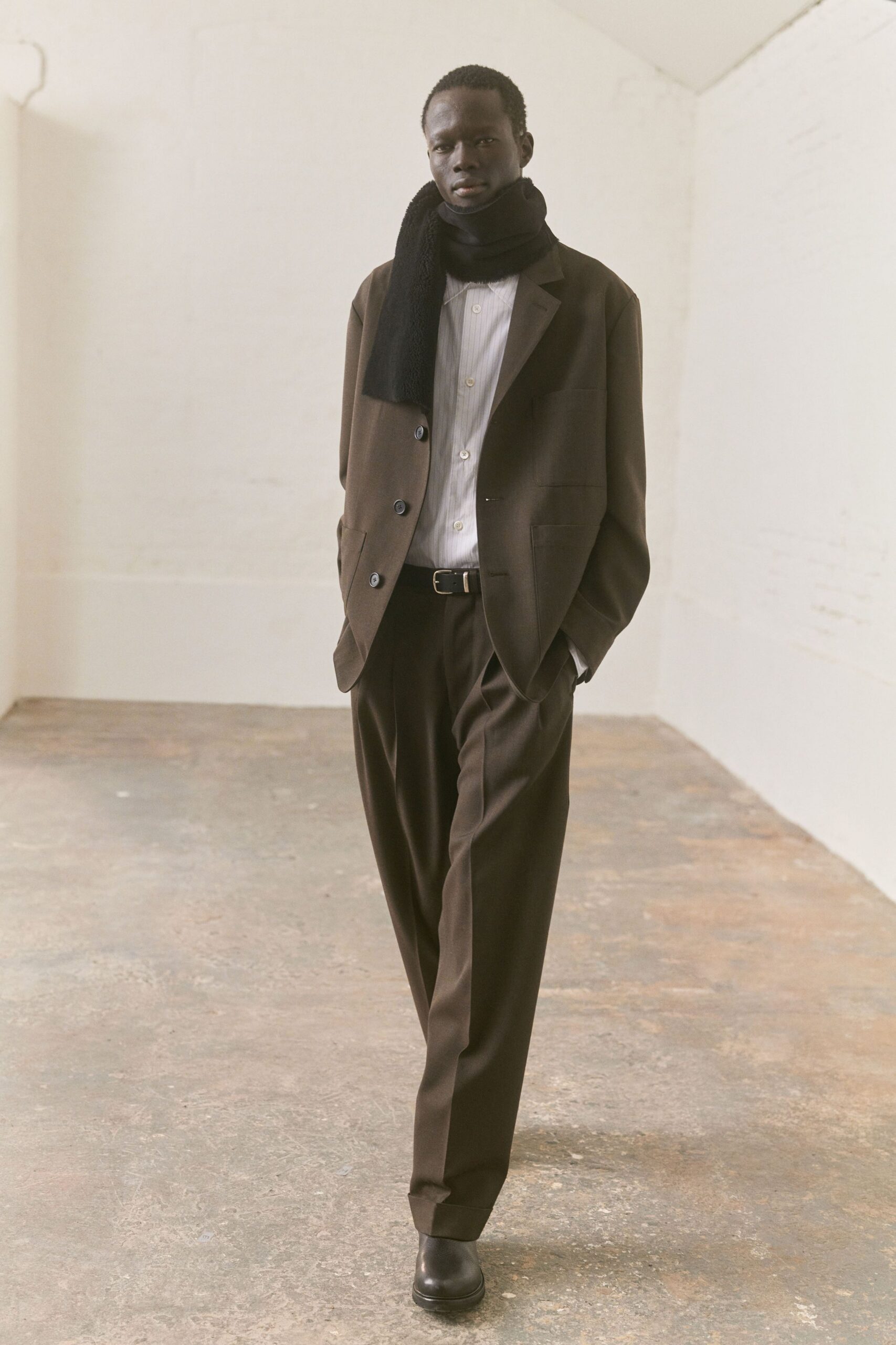brown tailored blazer with white shirt